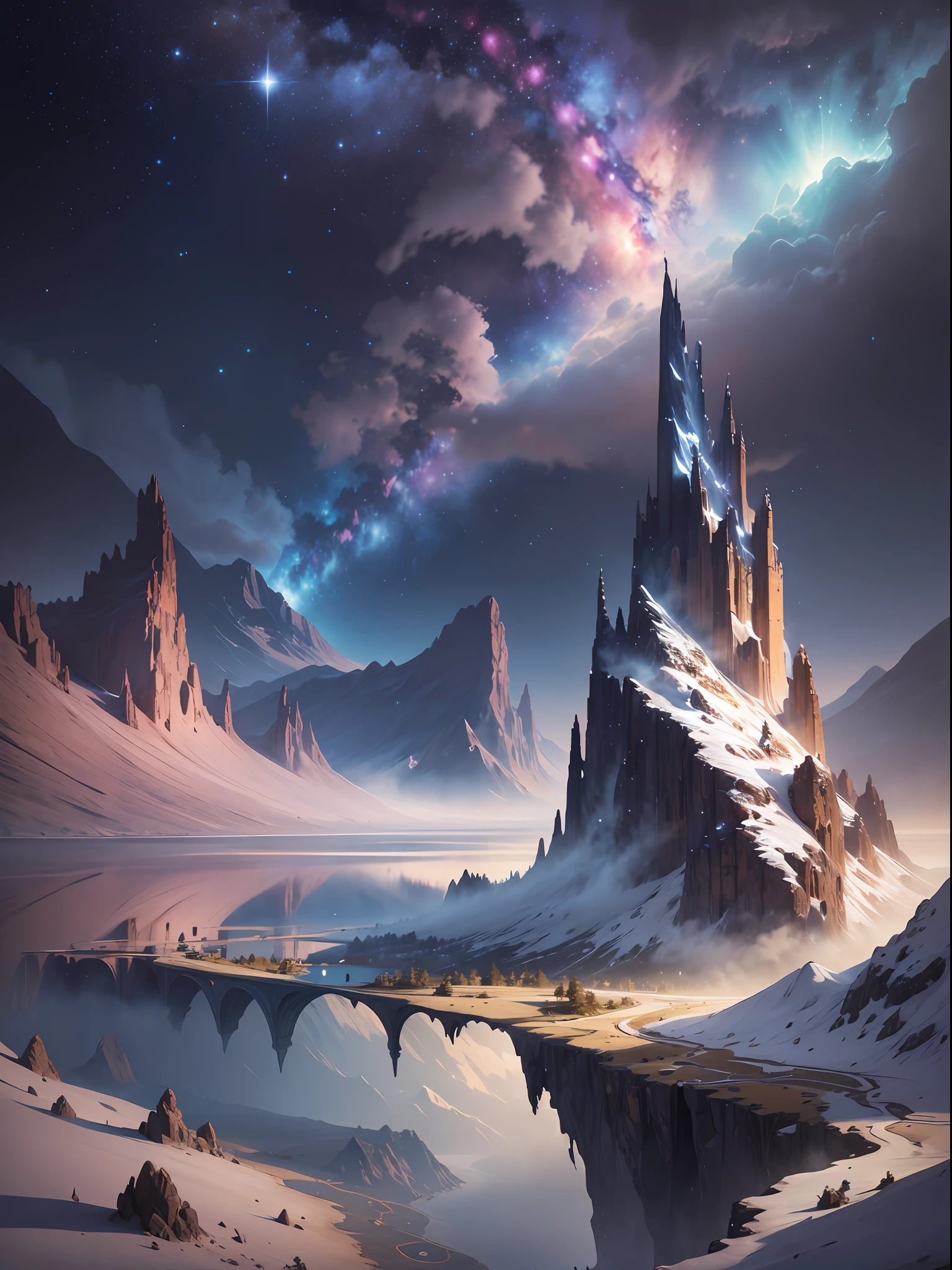 Starry Sky with Mountains and Lake, Jessica Rossier, Inspired by Jessica Rossier, Jessica Rossier Fantasy Art, Concept Art Magic Highlights, Official Artwork, Dream Painting, Ethereal Realm, Atmospheric artwork, dreamy matte paintings, serenas estrelas infinitas inspiradas em Ted Nasmith, ambientes estrelados iluminados pela lua,