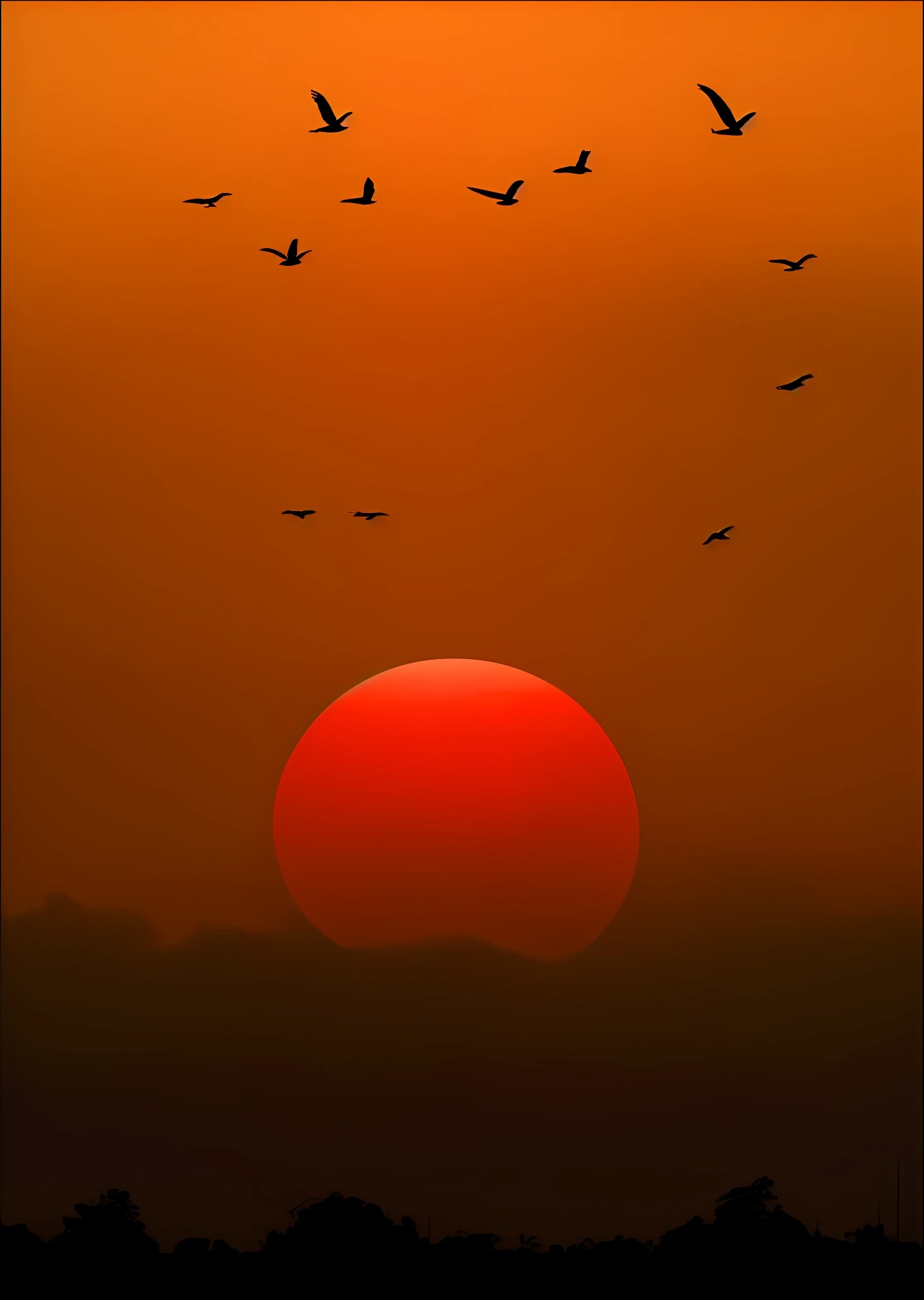 there are many birds flying in the sky at sunset, sunset illustration, dois guindastes voando pelo sol, sun sunset, sun set, Sunset, nascer do sol, sol vermelho no fundo, red sunset, flying birds in distance, flying through sunset, flying birds in the distance, sunset in the background, nascer do sol, it is sunset, birds flying in the distance