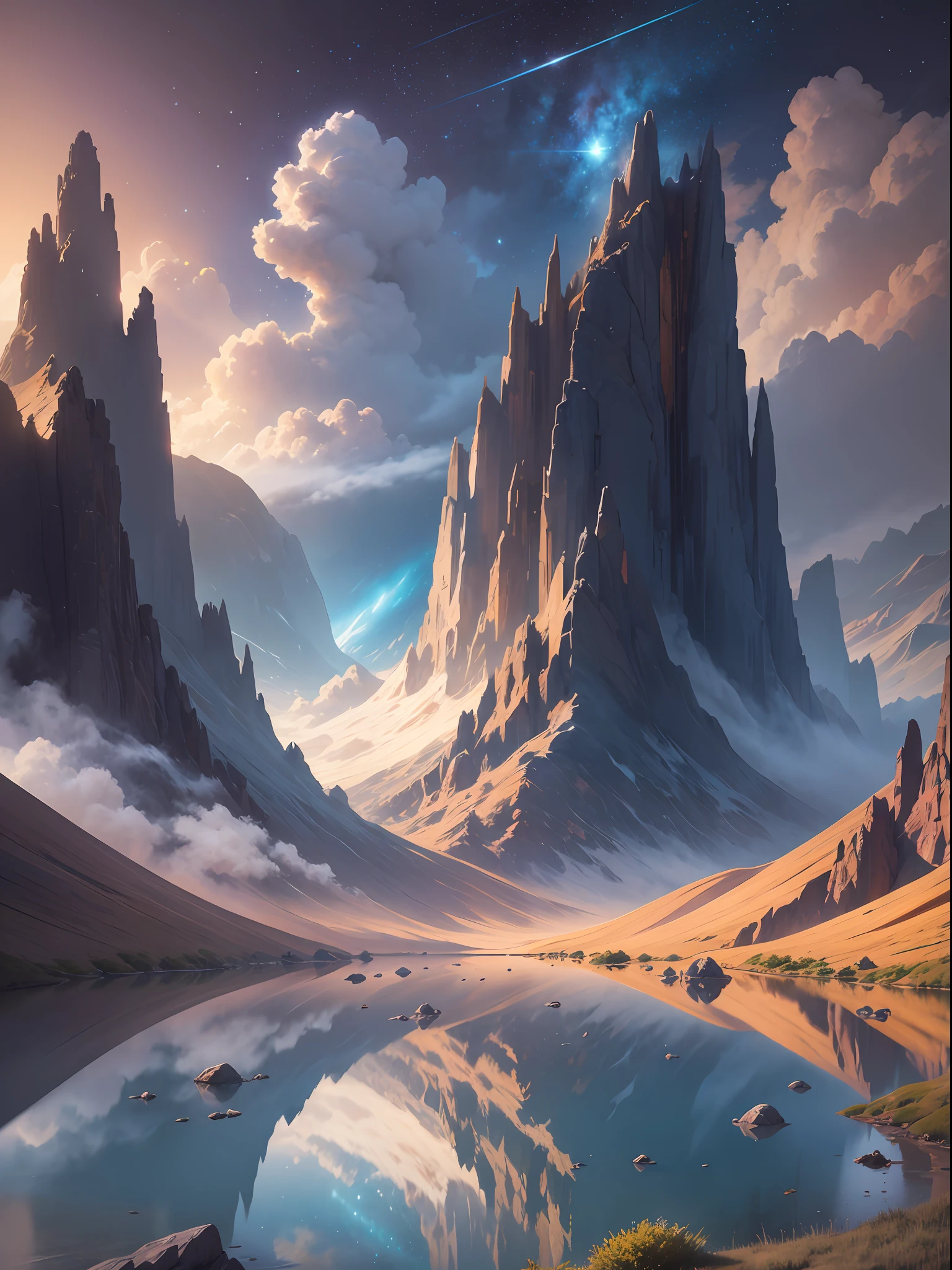 Starry Sky with Mountains and Lake, Jessica Rossier, Inspired by Jessica Rossier, Jessica Rossier Fantasy Art, Concept Art Magic Highlights, Official Artwork, Dream Painting, Ethereal Realm, Atmospheric artwork, dreamy matte paintings, serenas estrelas infinitas inspiradas em Ted Nasmith, ambientes estrelados iluminados pela lua,