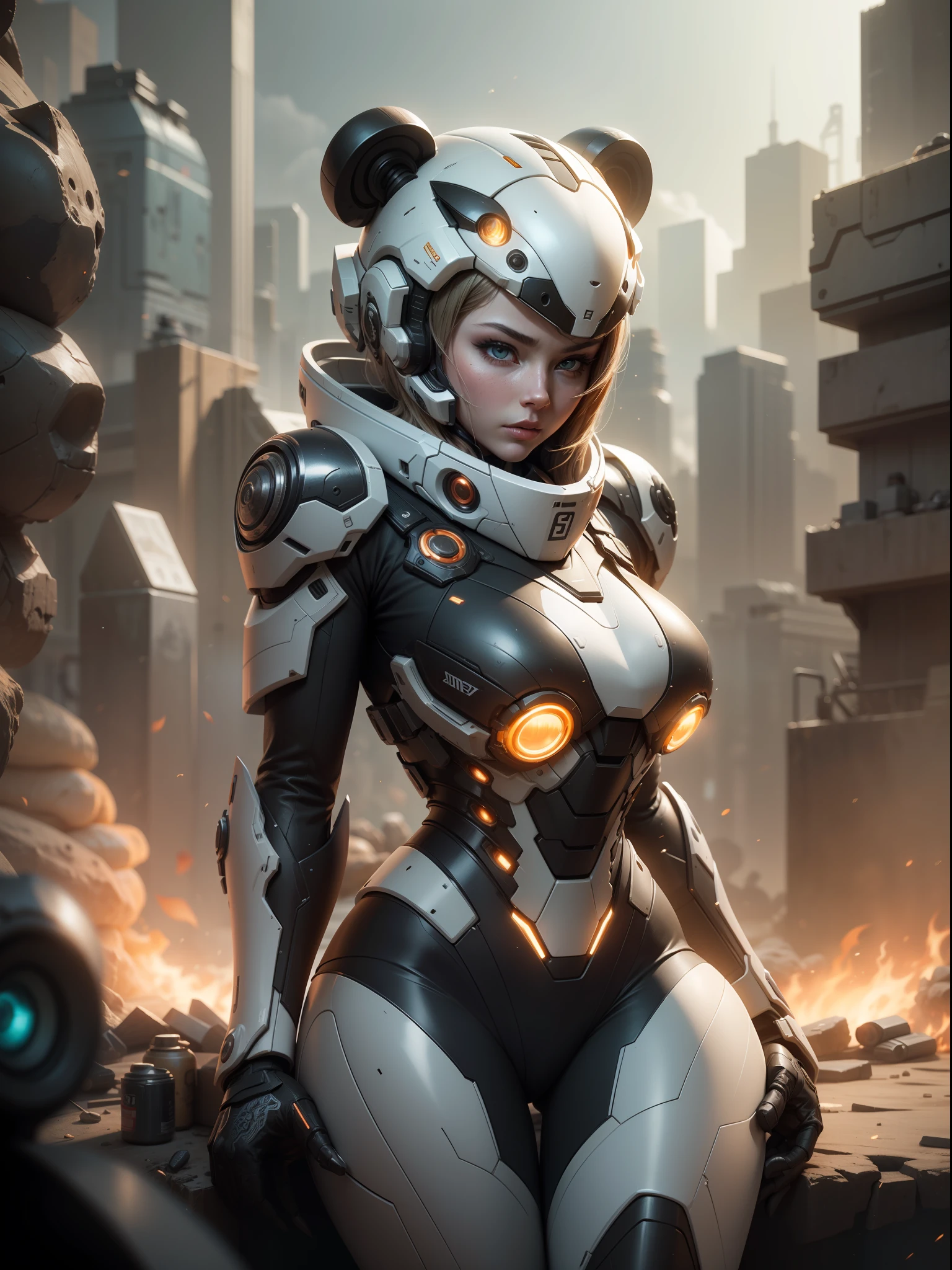 （（（The girl sits on the shoulders of a huge panda mech））），（（Girl close-up strengthened）），（（（ultra fine））），Shoot at 8K resolution，Gasoline liquid，，Lithography in intricate details，dongh（Light particles：1.2），（game concept：1.3），（deep of field:1.3)，Global illumination，well detailed，Trends on ArtStation，Epic shooting，Cinematic lighting