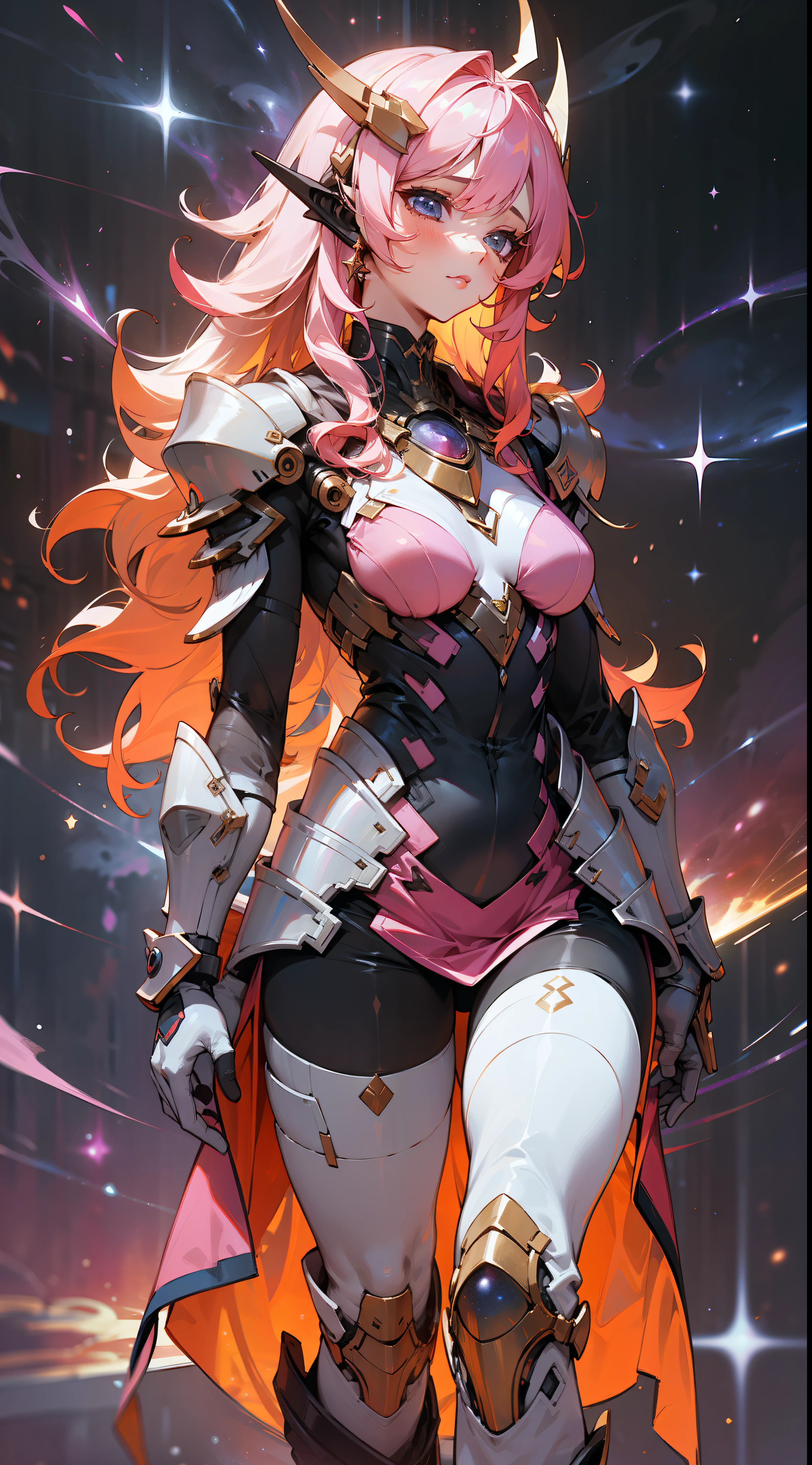 a sensual woman with rainbow colored long curly hair, wearing pink dress armor, walking in the stars, rainbow colored cosmic nebula City background, stars, galaxies