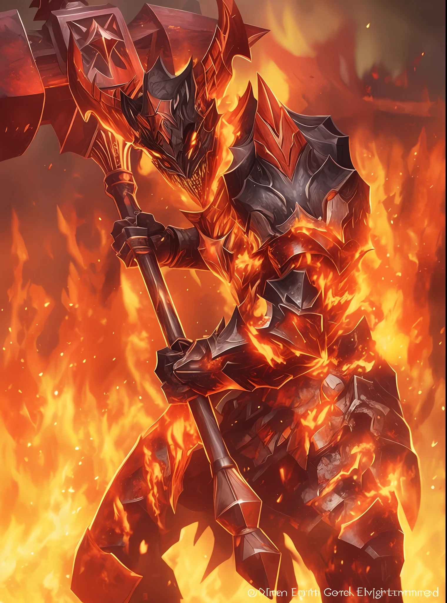 a close up of a demonic warrior with a large axe, flame conjuring armored, lord of cinder, ruler of inferno, fire demon, fire giant, black fire color reflected armor, fire golem creature, hellfire background, fire elemental, blazing infero, Anger, Flame and death, deathwing, epic fantasy card game art, burnt armor