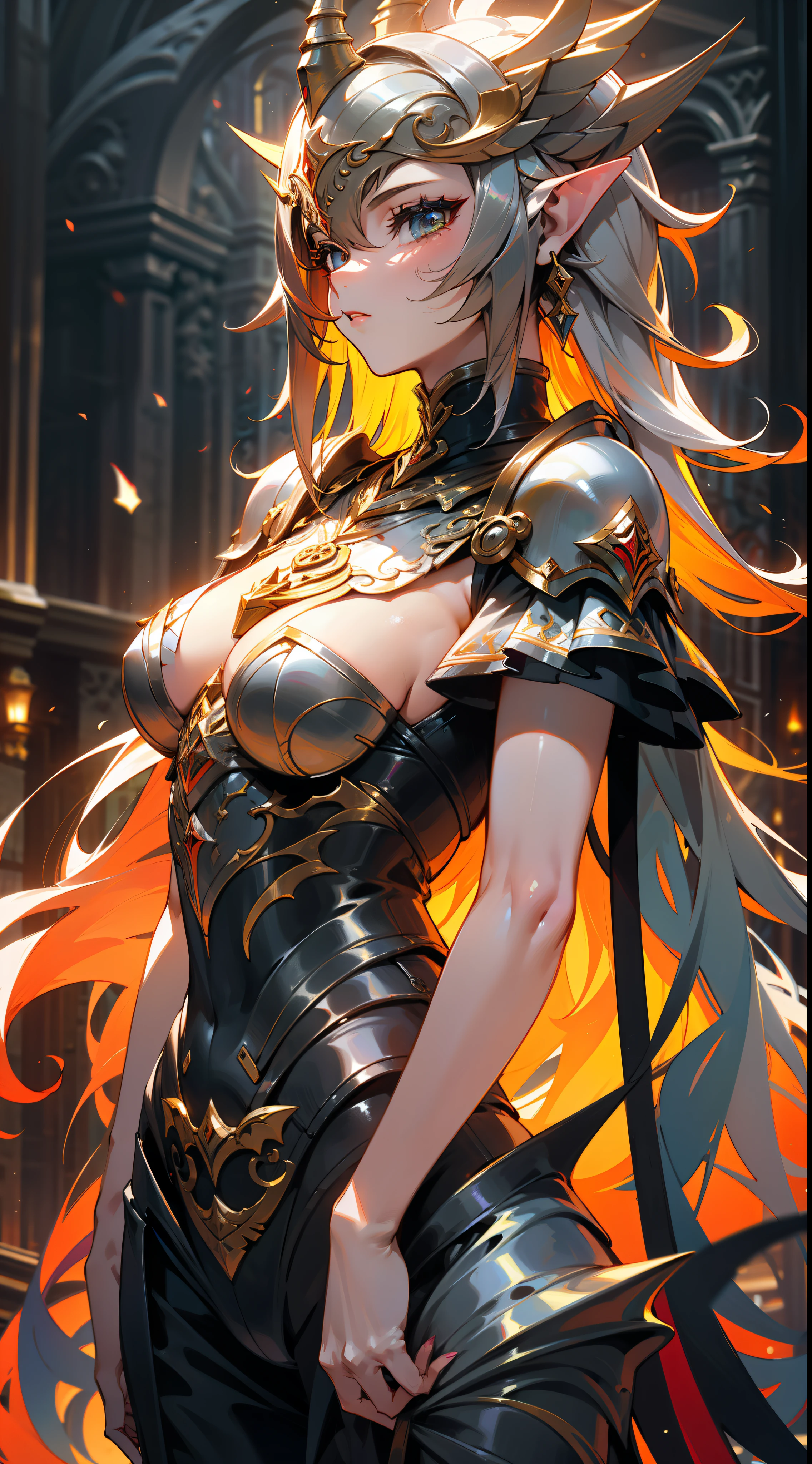uma mulher sensual de corpo inteiro, wildly rainbow colored long curly hair, fantasia sombria, armadura de cor vermelha, standing up, um fundo de masmorra medieval de fantasia escura
