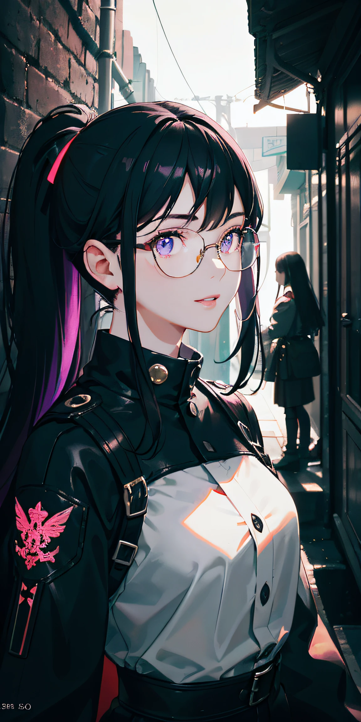((masterpiece)), kafka hsr, 1girl, solo, long_hair, breasts, looking_at_viewer, smile, bangs, shirt, gloves, long_sleeves, purple_eyes, jacket, white_shirt, ponytail, purple_hair, parted_lips, white_gloves, sunglasses, eyewear_on_head, smoke, rain masterpiece, best quality, high quality, absurdres, shiny skin, colorful, dynamic pose, stunning art, best quality, hyper detailed, dynamic angle, beatlful detailed, reflective hair, good lighting, ray tracing, depth of field, ultra-detailed, illustration, Amazing, fine detail, extremely detailed, ((ultra-detailed)), (beautiful detailed girl), beautiful detailed glow, intricate detail, highres, an extremely delicate and beautiful, beautiful detailed eyes, realistic, hdr, rounded eyes, detailed facial features, (illustration), (beautiful detailed eyes), ((very detailed face)), depth_of_field, eyebrows_visible_through_hair, frills, looking_at_viewer, outdoors, (upper body:1.4), clothes reflecting light, (light diffraction on skin: 1.35), (glossy skin: 1.55), (Iridescence Effect: 1.55), (alleyway, night, neon lights, dimly lit, sign:1.5), critical angle, thick thighs,