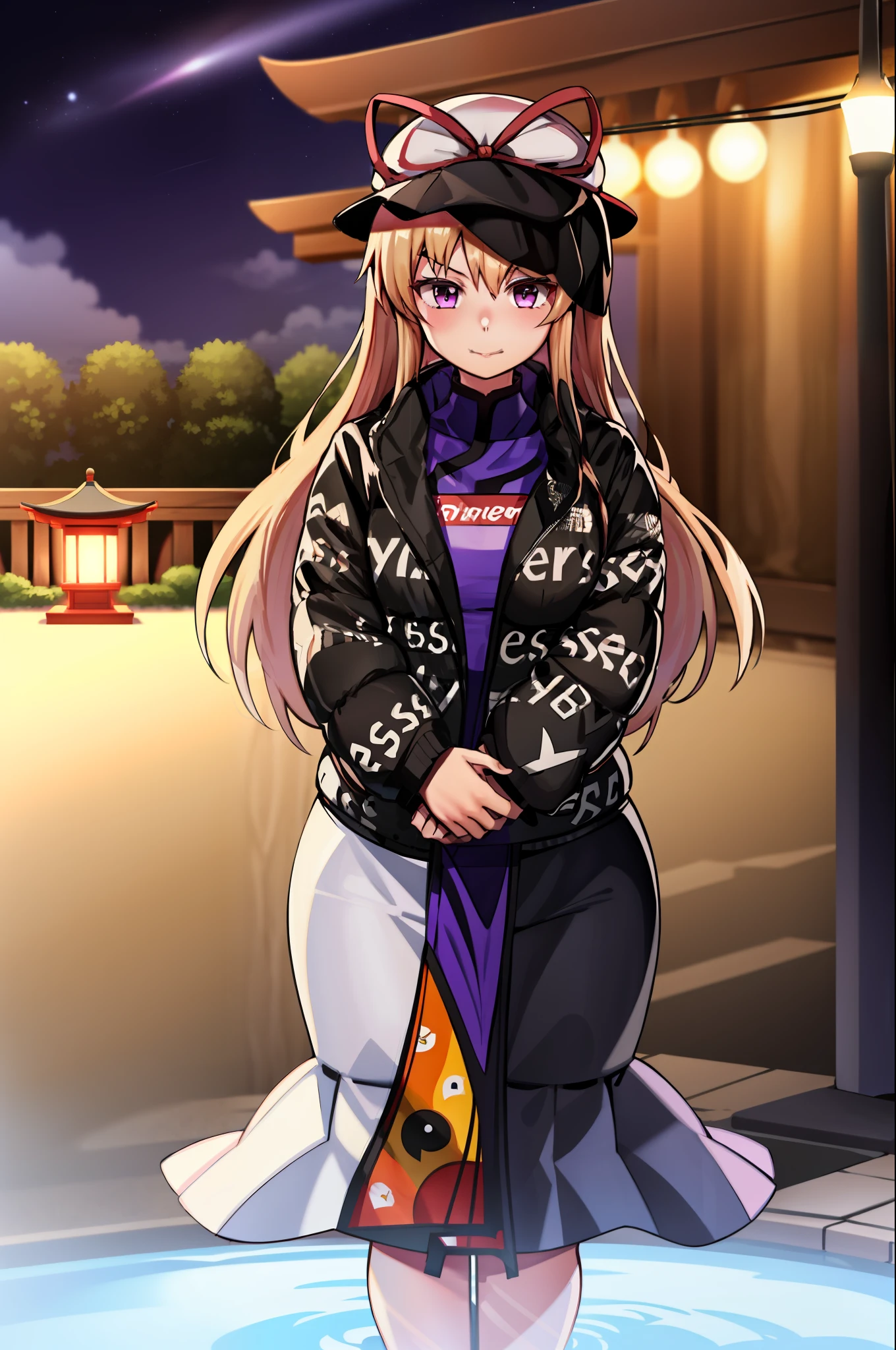 masterpiece, best_quality, 1girl, solo, yakumo yukari, shrine, night, flowing dress, blonde hair, mob cap, 
dripjacket
own hands together