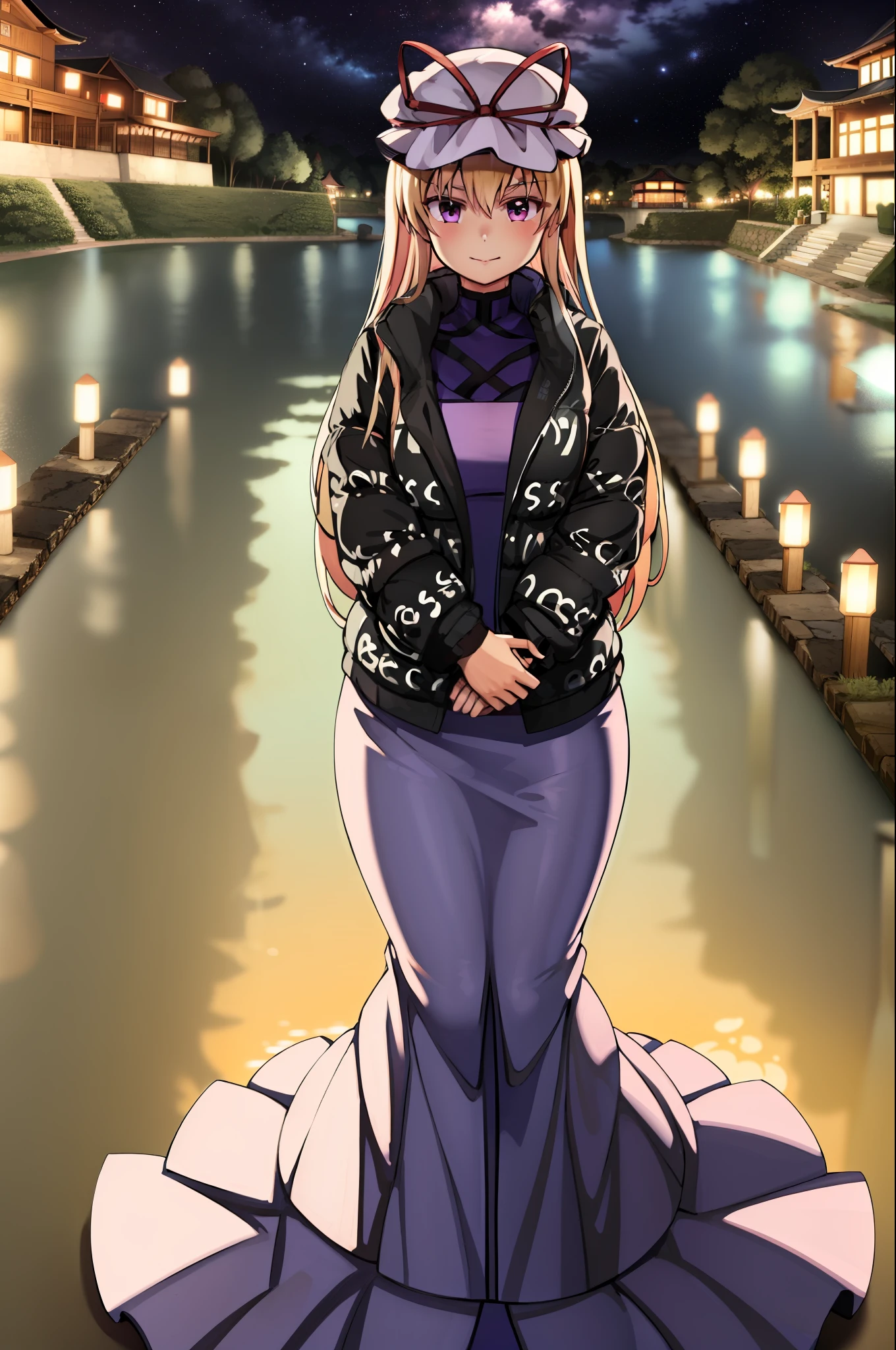 masterpiece, best_quality, 1girl, solo, yakumo yukari, shrine, night, flowing dress, blonde hair, mob cap, 
dripjacket
own hands together