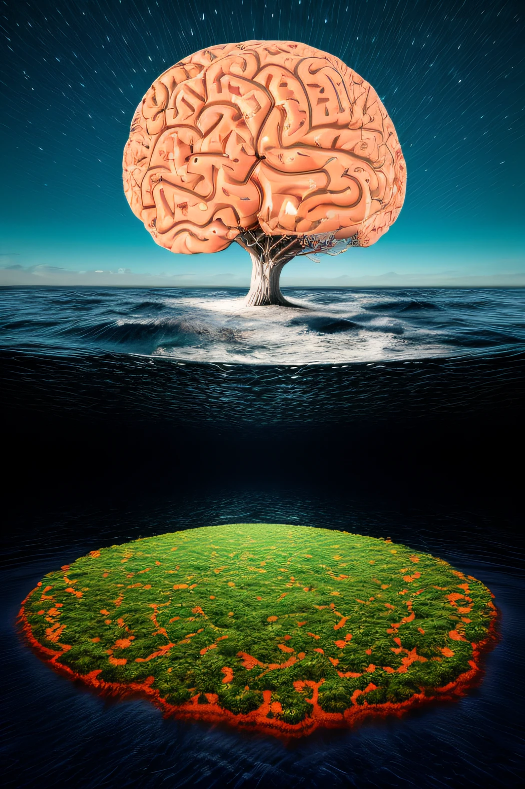Generate a landscape with thousands of brains floating on an ocean