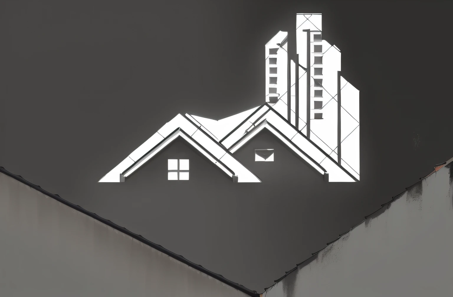 a white house icon on a black background with a gray background, Logo sans texte, Toits pointus, roof background, sur fond noir de couleur plate, Toits, actif sur fond gris, fully built buildings, complex buildings, sur fond gris, Contexte de la maison, sur fond sombre, architecture concept, buildings, Concept architectural, image plate, small buildings, simple gable roofs,8K