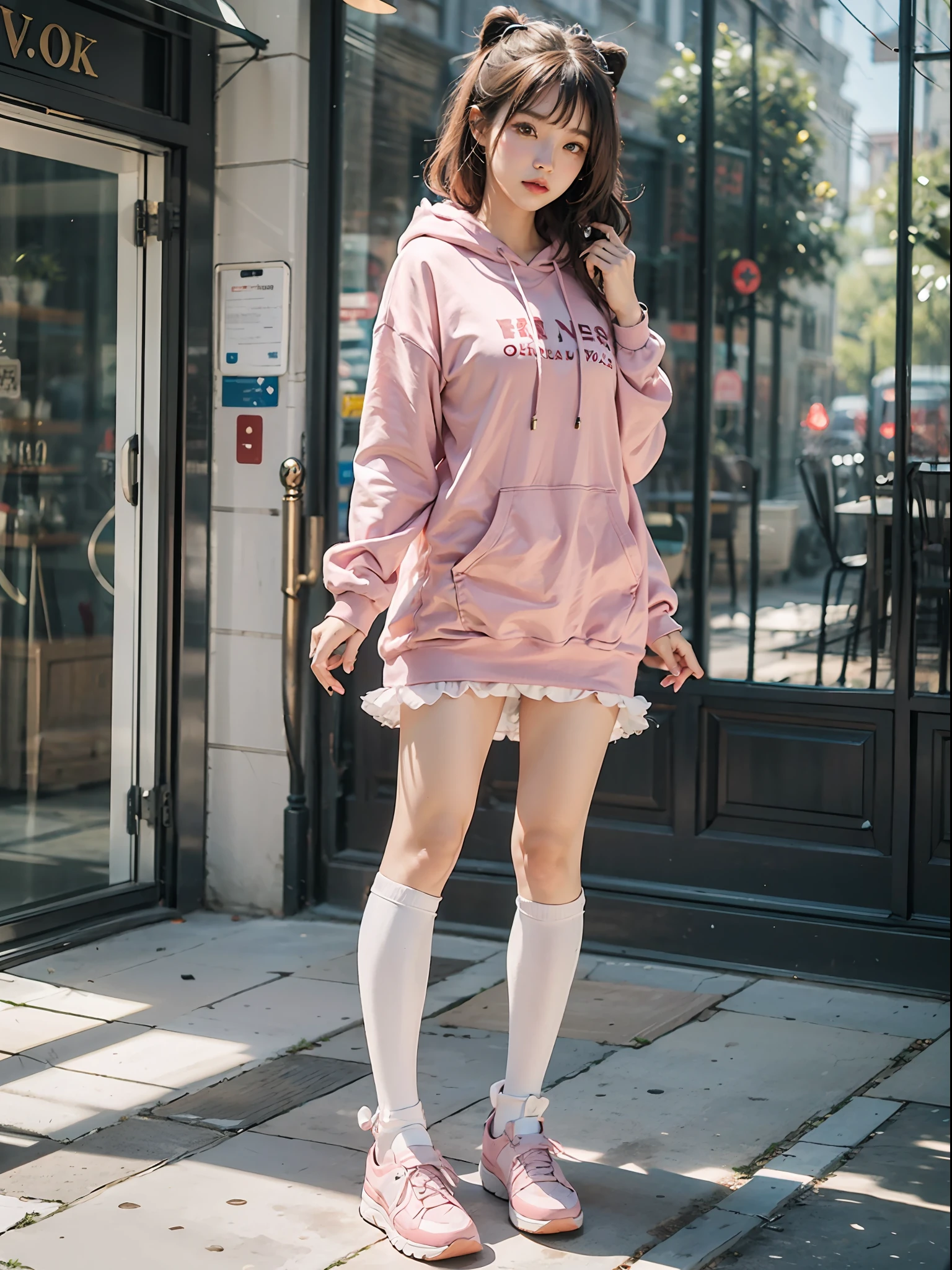 Upper body of a teen chinese girl, natural lighting, detailed feature, CG, global illumination, random pose, 4k, cinematic, full body, long white socks, random pose,high quality, best quality, 4k, 8k, single, oversiezed cloth, cloth on, looking at viewer, clear feature, random strawberry logo on the cloth, pink long hair, pink hair, cloth on, hoodie, long leg, long white stocking,