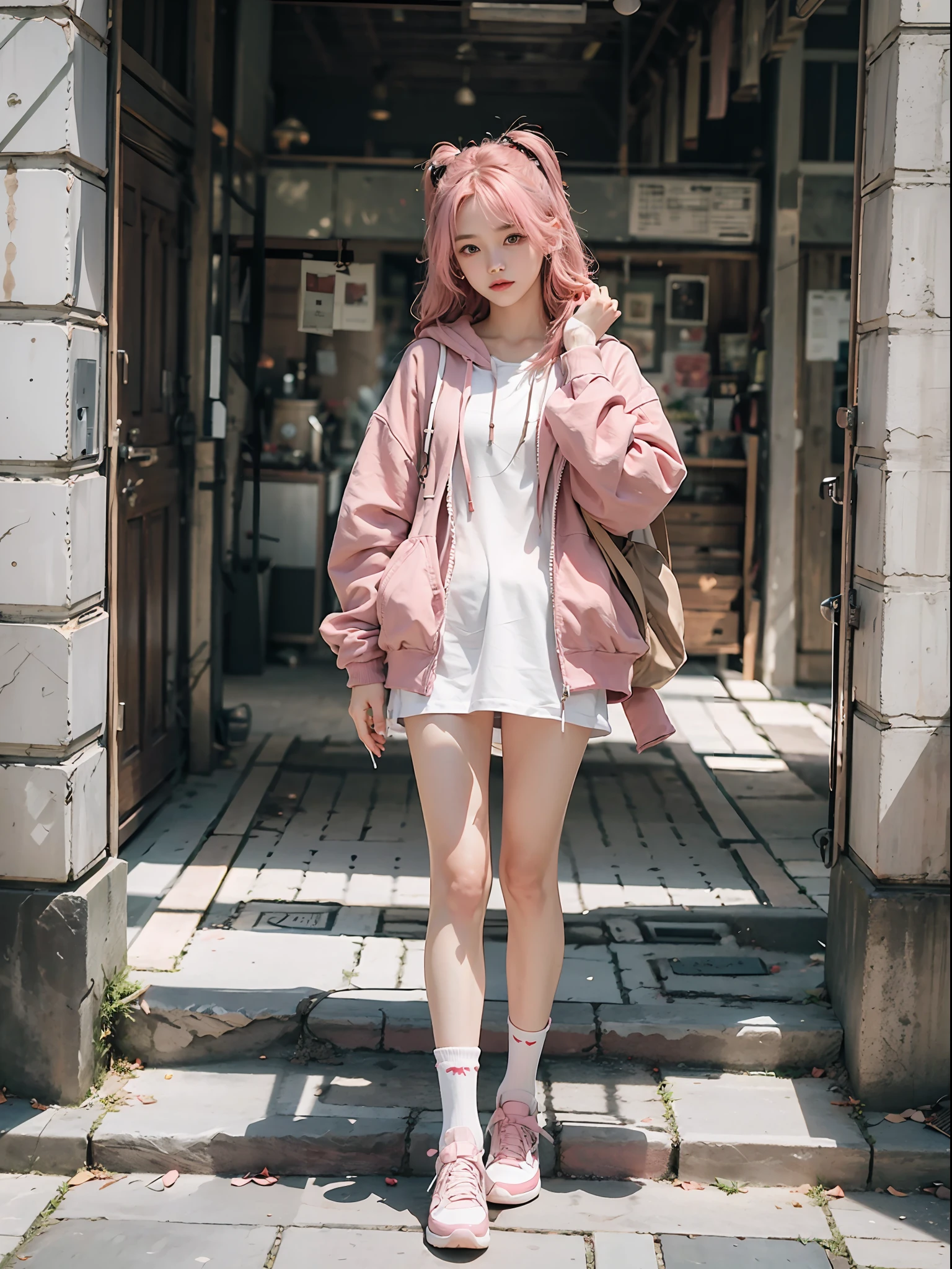 Upper body of a teen chinese girl, natural lighting, detailed feature, CG, global illumination, random pose, 4k, cinematic, full body, long white socks, random pose,high quality, best quality, 4k, 8k, single, oversiezed cloth, cloth on, looking at viewer, clear feature, random strawberry logo on the cloth, pink long hair, pink hair, cloth on, hoodie, long leg, long white stocking,