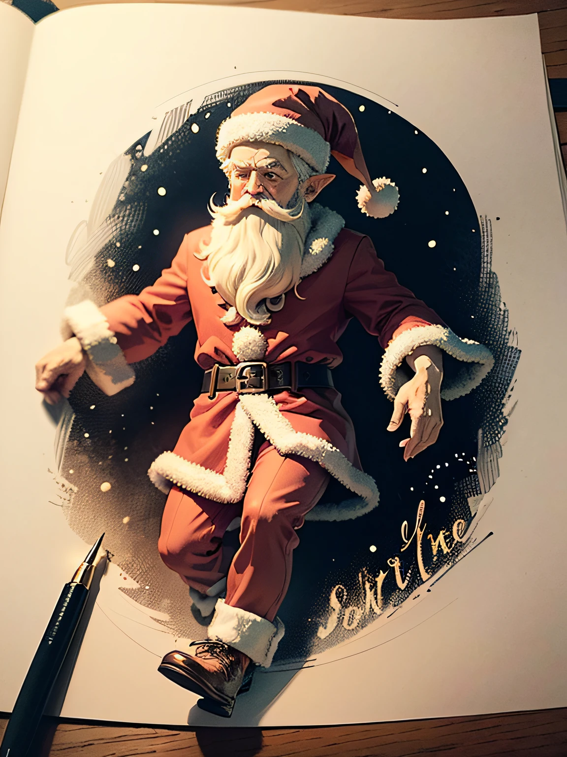 antique Victorian Christmas Santa with elves drawing, illustration, old fashioned engraving style --auto