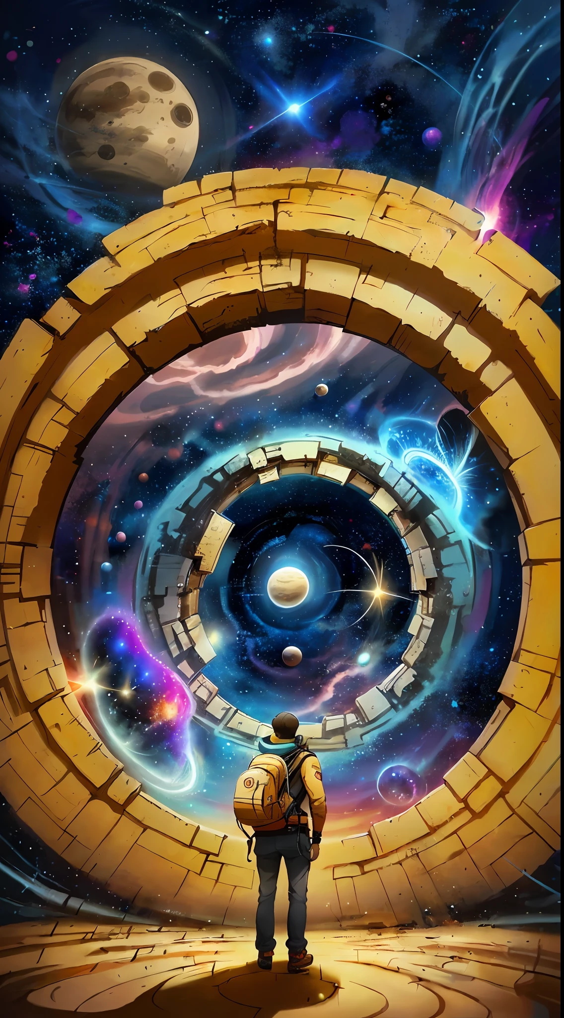 person, standing in front of a space portal overlooking the sun, Cyril Rolando and Goro Fujita, A portal to another universe, inspired by Cyril Rolando, Portal to another dimension, world, visible only through the portal, high quality fantasy stock photo, Portal to another world, Portal to outer space, in the style of Cyril Rolando, Looking into space, universe, Magical Galactic Portal, The Cycle of the Stars, God