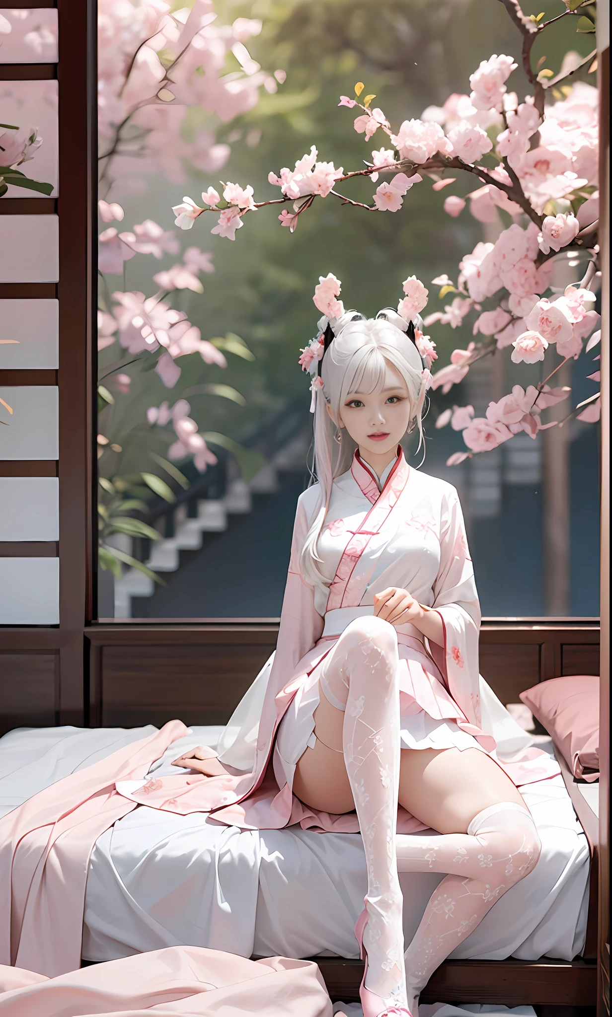 Chinese style, white hair, Chinese clothing, Tang style Hanfu, Hanfu, ((((pink and white skirt)), embroidery, over-the-knee socks, high heels, interior, bed