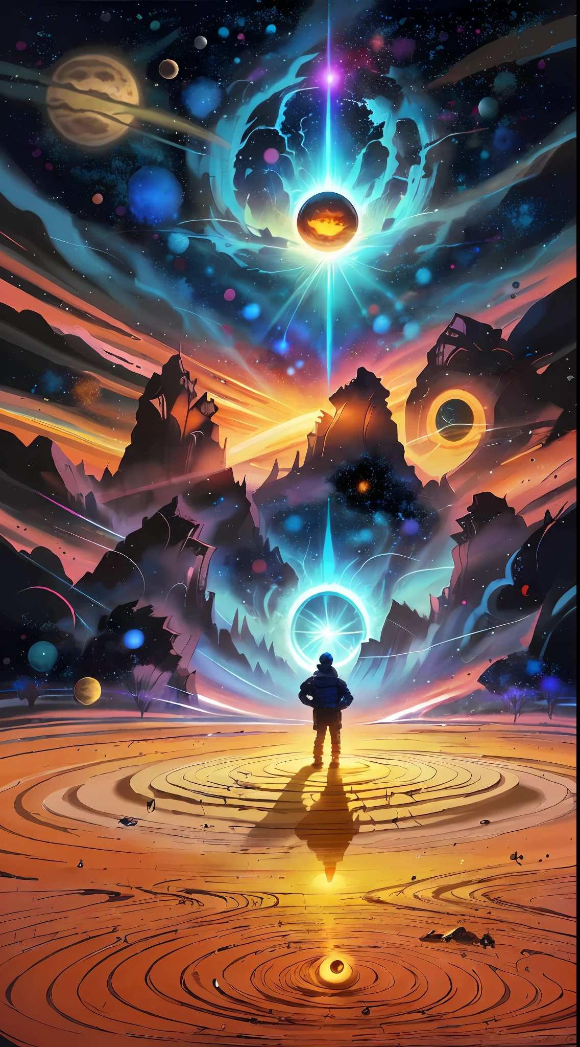 person, standing in front of a space portal overlooking the sun, Cyril Rolando and Goro Fujita, A portal to another universe, inspired by Cyril Rolando, Portal to another dimension, world, visible only through the portal, high quality fantasy stock photo, Portal to another world, Portal to outer space, in the style of Cyril Rolando,  Looking into space, universe, Magical Galactic Portal, The Cycle of the Stars, God