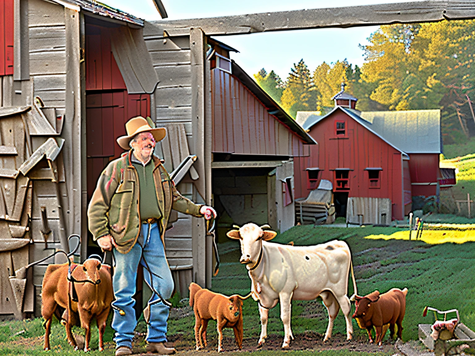 arafed image of a farm with a dog and a cow, on a farm, inside a farm barn, by Don Reichert, next to a red barn, by John Backderf, outside in a farm, by Wayne England, inside a barn, barn, by Howard Lyon, by Leo Goetz, by David Allan, by Carol Bove