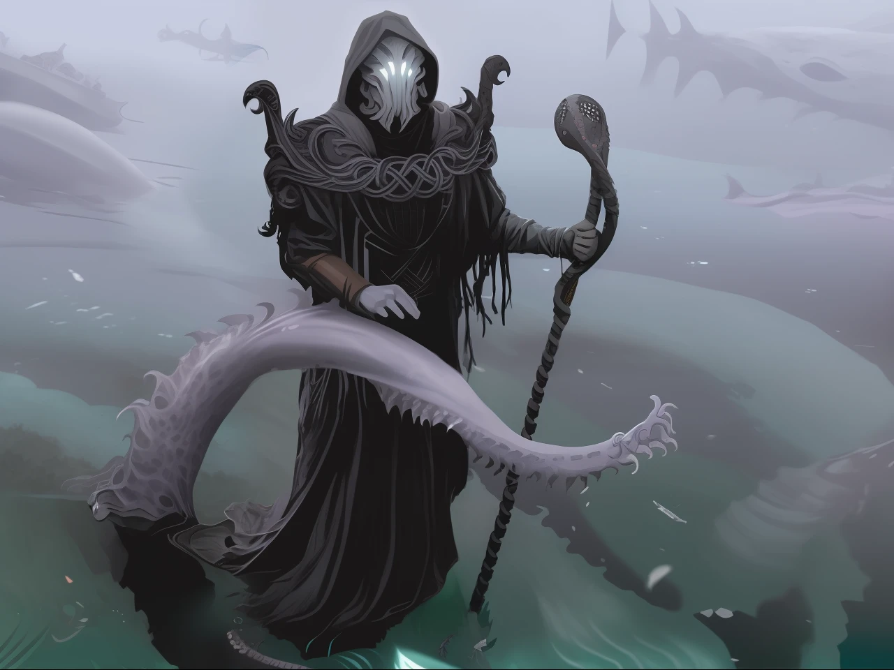 Imagem de um homem com um manto preto segurando um polvo gigante, illithid, Mente Lilitida Flayer, Lich Vecna (d&d), guardian of the holy lake, Cultist, magic the gathering concept art, mindflayer, Eldritch Deus, Mente Flayer, Cthulhu subindo do oceano, Da magia o encontro metamorfo, mago com energia azul, Story copier