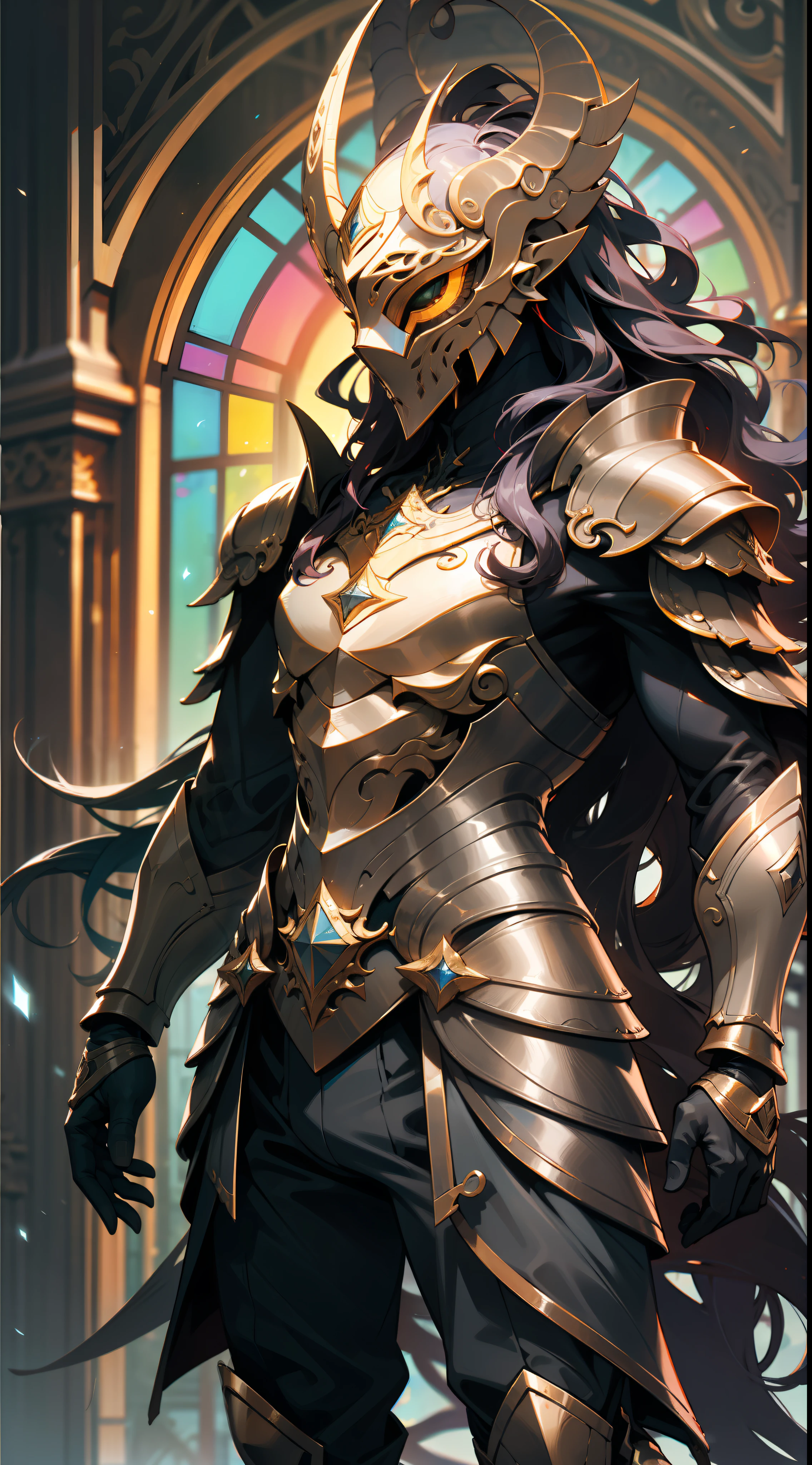 um homem de corpo inteiro, wildly rainbow colored long curly hair, fantasia sombria, armadura de cor azul, standing up, um fundo de masmorra medieval de fantasia escura