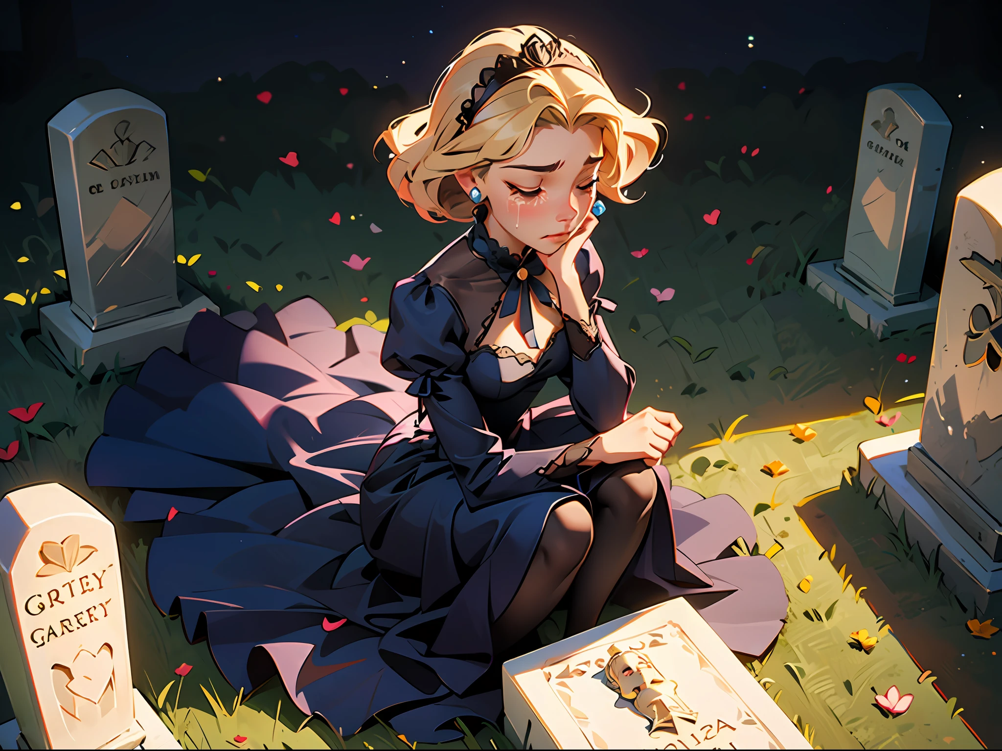 (best quality, masterpiece:1.3), portrait of Grace Kelly, short hair, wavy hair, blonde hair, crying on a grave, mourning, sad, tears, crying, lying on the ground, next to a grave, one grave, single grave, cemetery, graveyard, greish blue princess dress, early victorian ball gown, early victorian dress, night, night time, from above, air perspective, full body, best quality, high quality, drawing, illustration