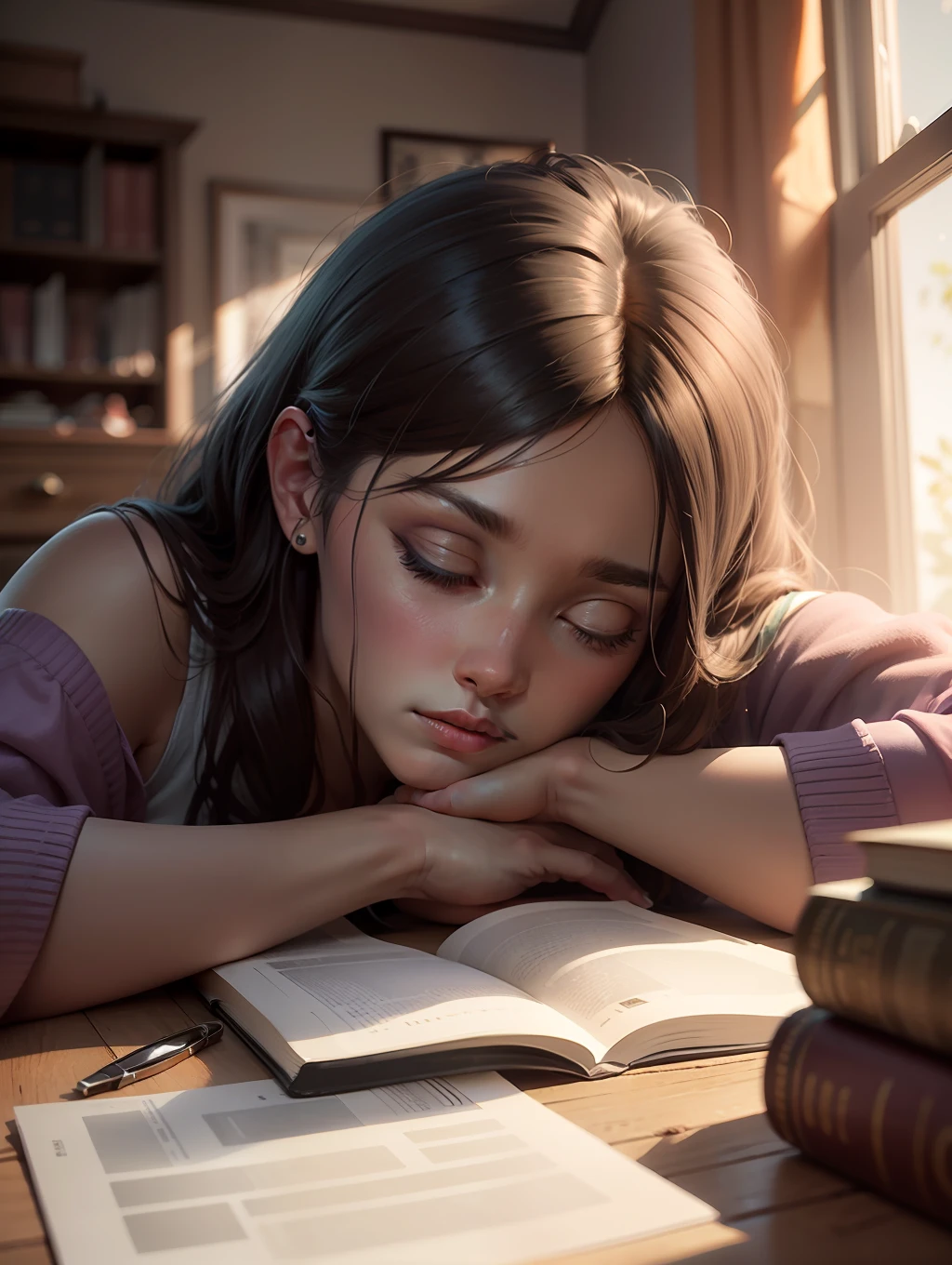 Purple from Among us Game sleeping on the study table realistic, 3D, rtx