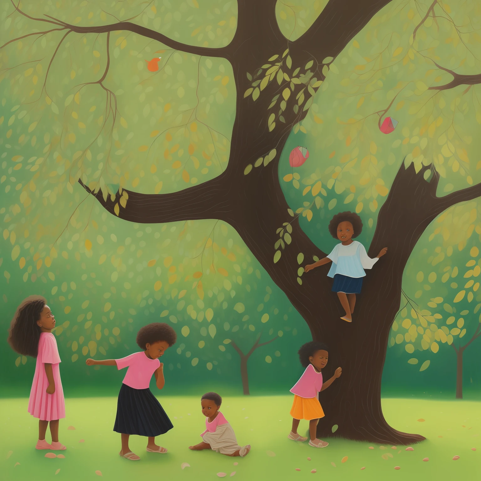 uma pintura, por Phoebe Wahl, of children, White and black women playing around a tree in a park, cores vibrantes
