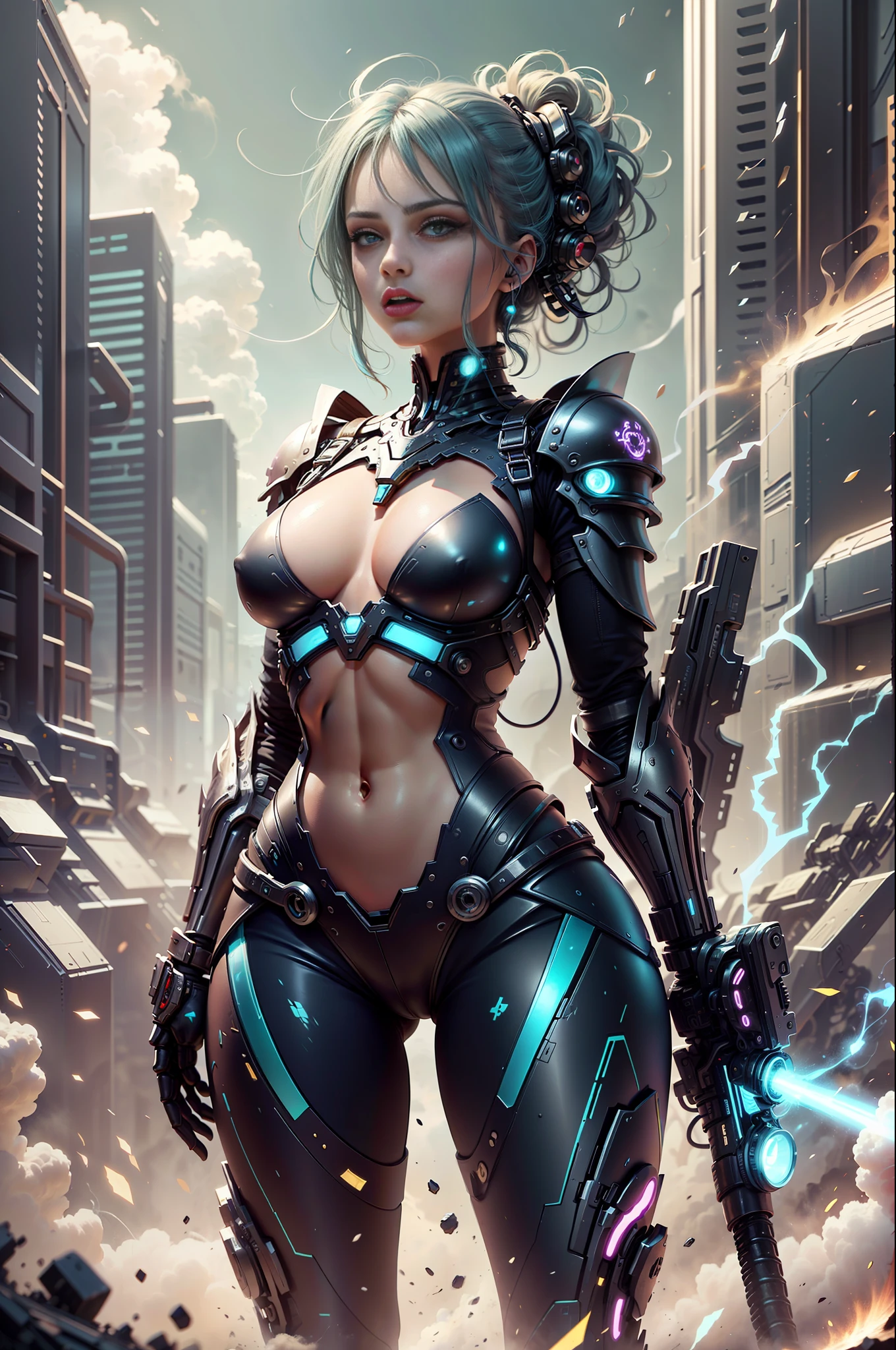 Beautiful young girl, blue hair with straight design, futuristic armor, holding extremely future weapon, black pants with weapons, full breasts, smooth body, futuristic armor clothes, action and Background chaos, hypermaximalist, high definition, ((ultra realistic)), surprising, hot --auto --s2