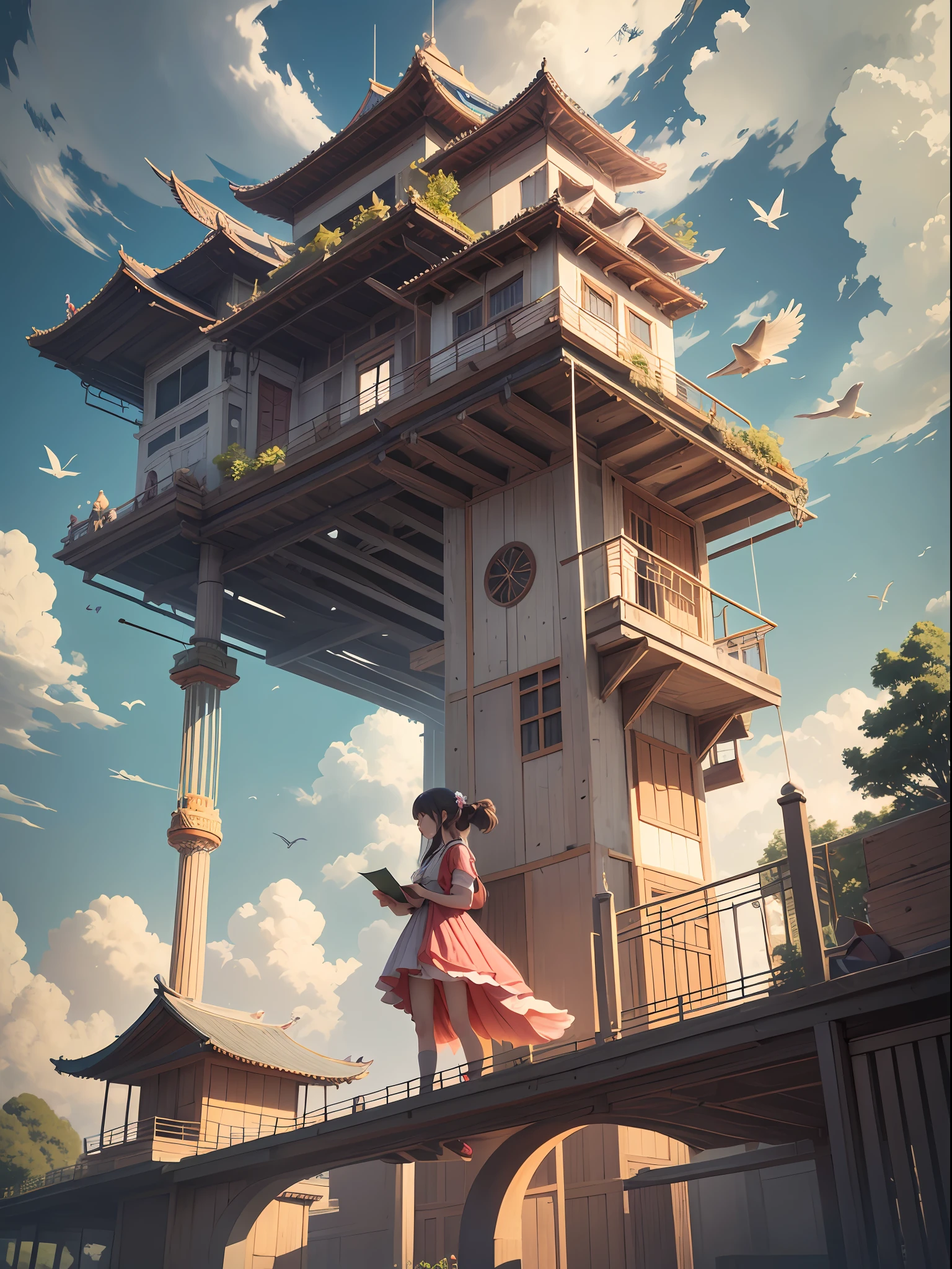 arquitetura, east east Asian architecture, scenary, lanterna, ao ar livre, heaven, lanterna de papel, nuvem, birds, Construction, tree, in standing, montanha, ponte, segurando, multiple girls, 6 + s, dia, obra-prima, melhor qualidade, Estilo anime