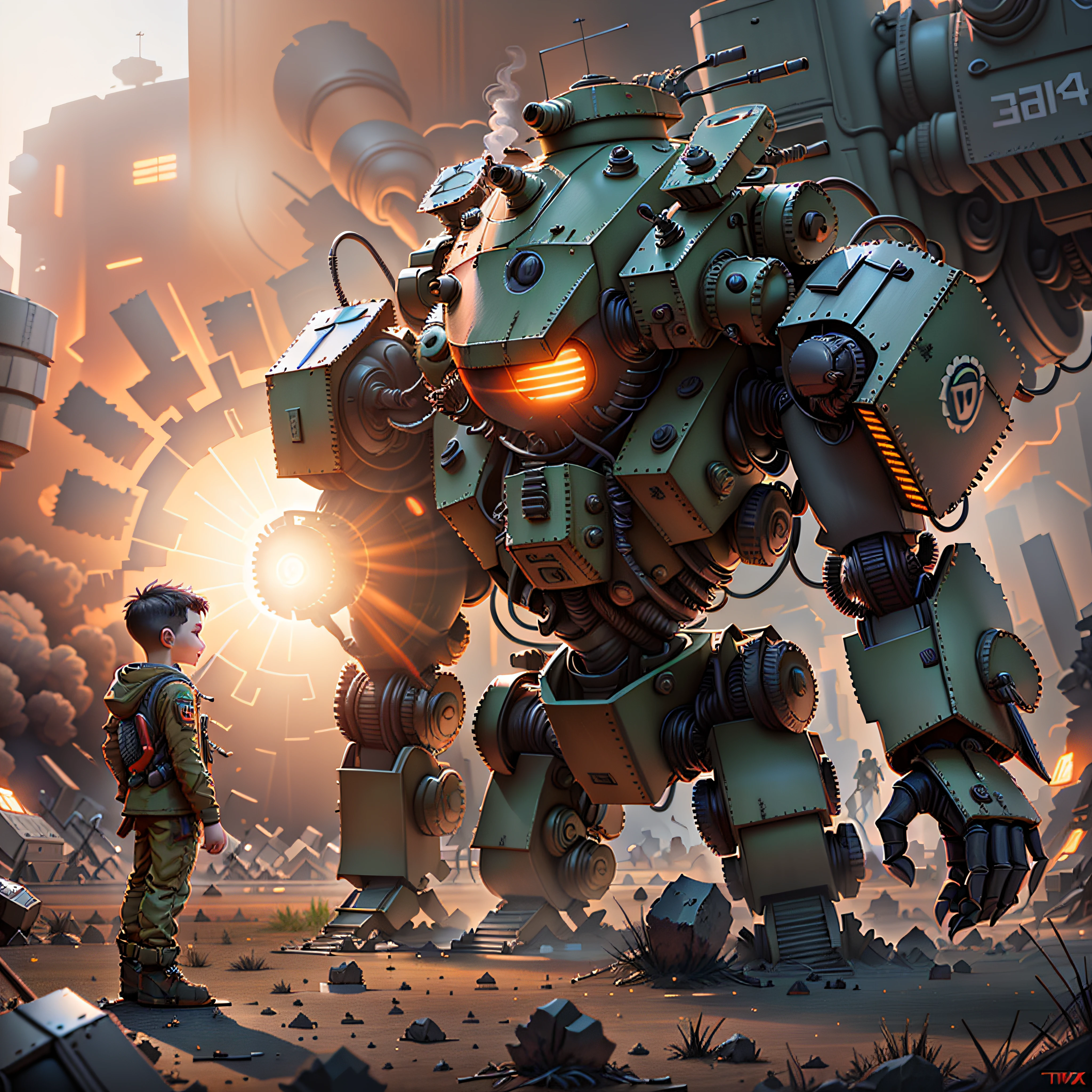 In the field there is a boy standing next to a giant robot,The background is a running soldier, concept art octane render, wojtek fus, concept design art octane render, octane render cinematic, Epic. octane rendered, 3 d octane render conceptart, made in unreal engine 5, cinematic 4k octane render, greg rutkowski octane render, greg rutkowski. octane rendered,Smoke,Tindal Effect