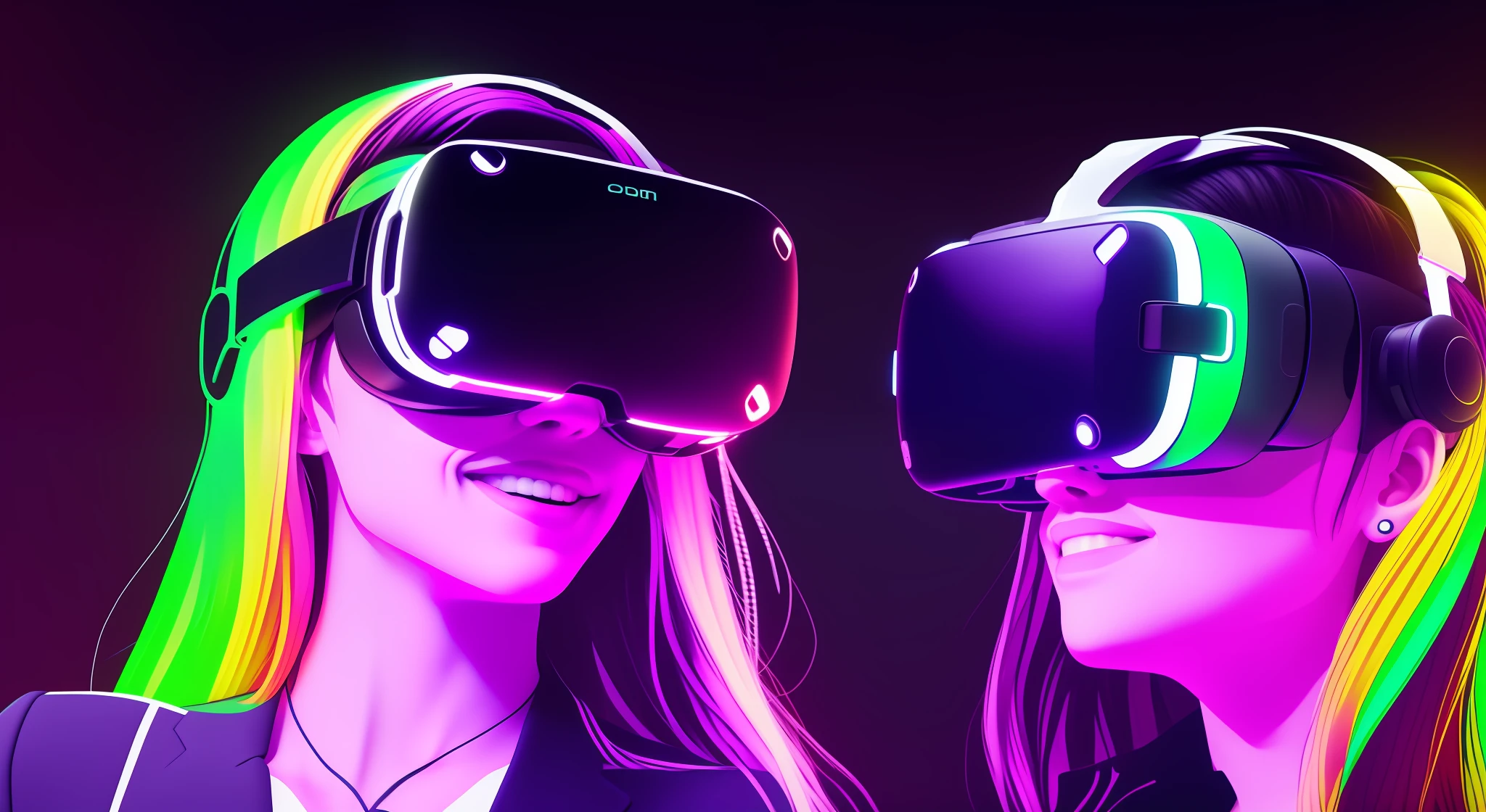 they are wearing virtual reality headsets and glowing hair, virtual reality, vr game, neosvr!!!, vr goggles, vr headset, vr googles, vr helmet, metaverse concept art, floating vr headsets, sketch of oculus rift, wearing vr, futuristic vr headset, wearing vr goggles, virtual metaverse room, vr glasses, wearing a vr-headset