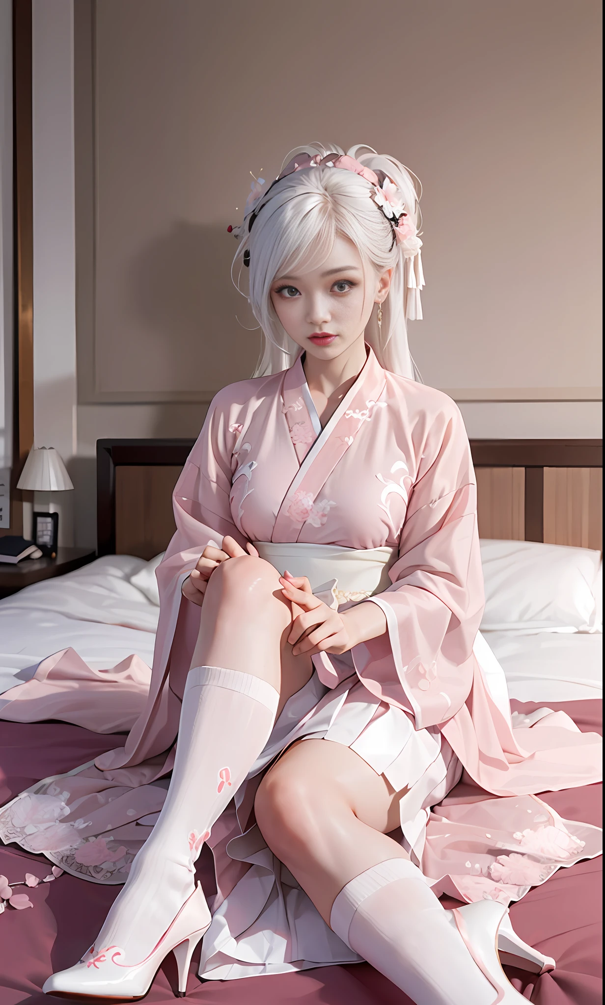 Chinese style, white hair, Chinese clothing, Tang style Hanfu, Hanfu, ((((pink and white skirt)), embroidery, over-the-knee socks, high heels, interior, bed