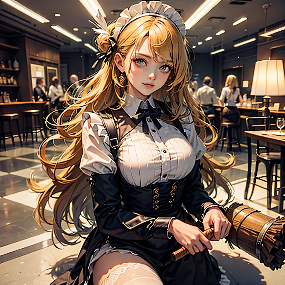 Beautiful Maid, blonde hair, see through clothes, holding Feather broom