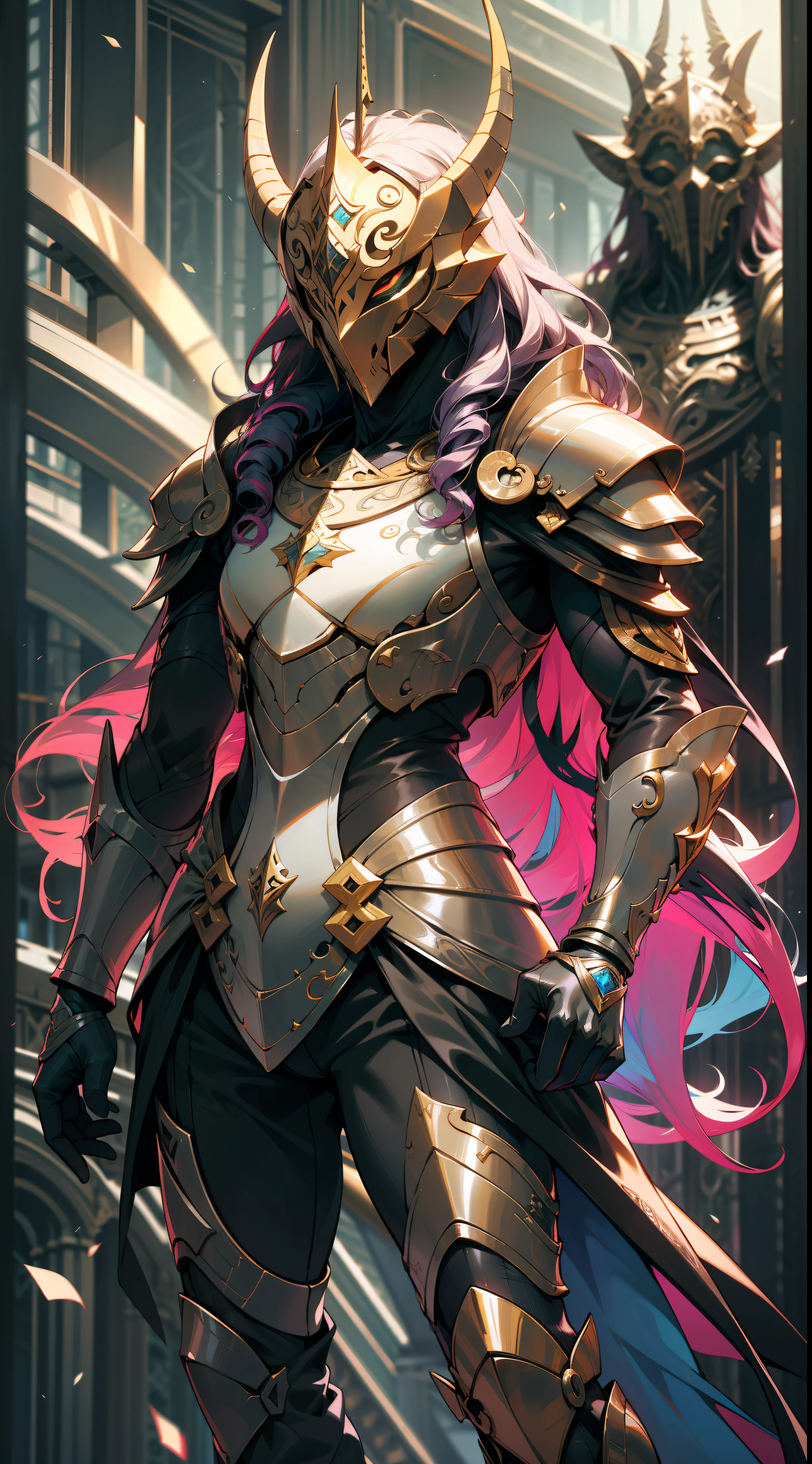um homem de corpo inteiro, wildly rainbow colored long curly hair, fantasia sombria, armadura de cor azul, standing up, um fundo de masmorra medieval de fantasia escura
