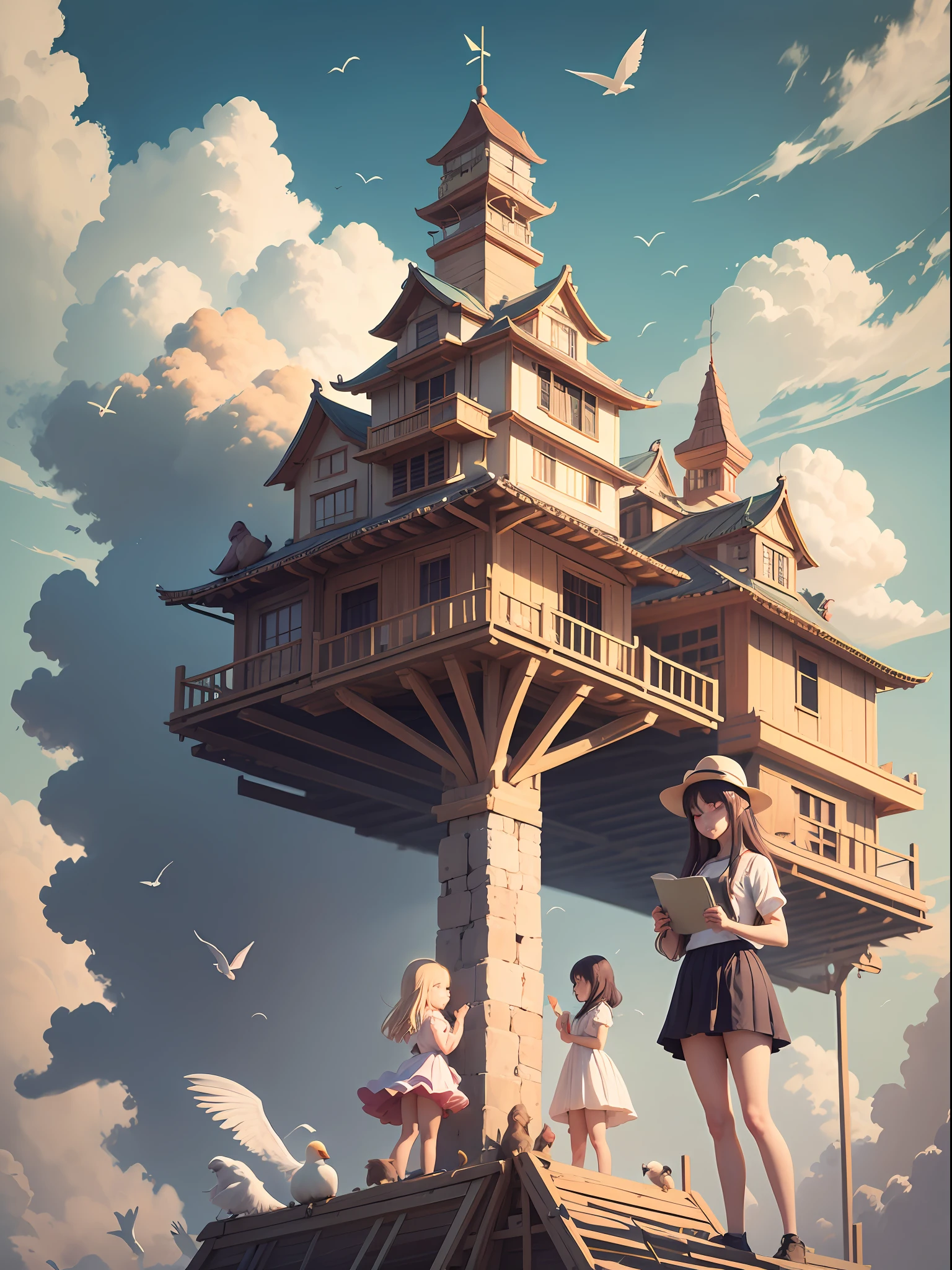 arquitetura, east east Asian architecture, scenary, lanterna, ao ar livre, heaven, lanterna de papel, nuvem, birds, Construction, tree, in standing, montanha, ponte, segurando, multiple girls, 6 + meninos, dia, obra-prima, melhor qualidade, Estilo anime