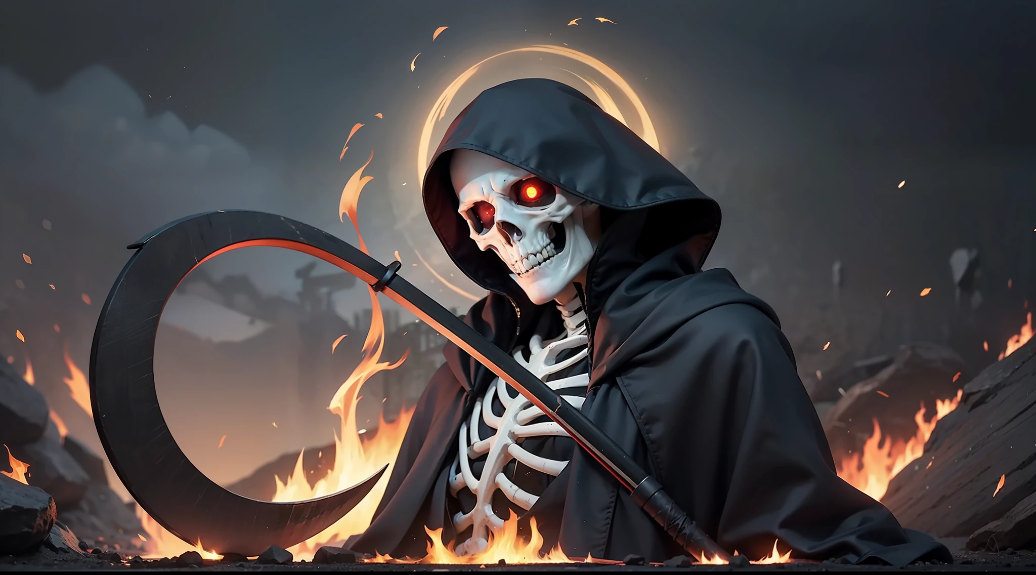 death god、a black robe、scythe、Skeleton face、Burning eyes、