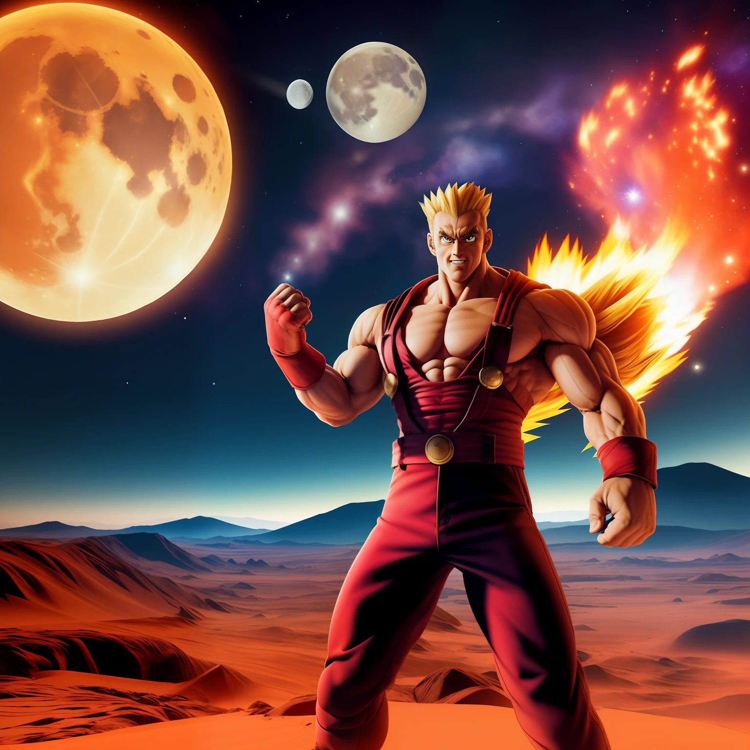 Guile street fighter with goku outfit on Mars with moon catching fire in sky