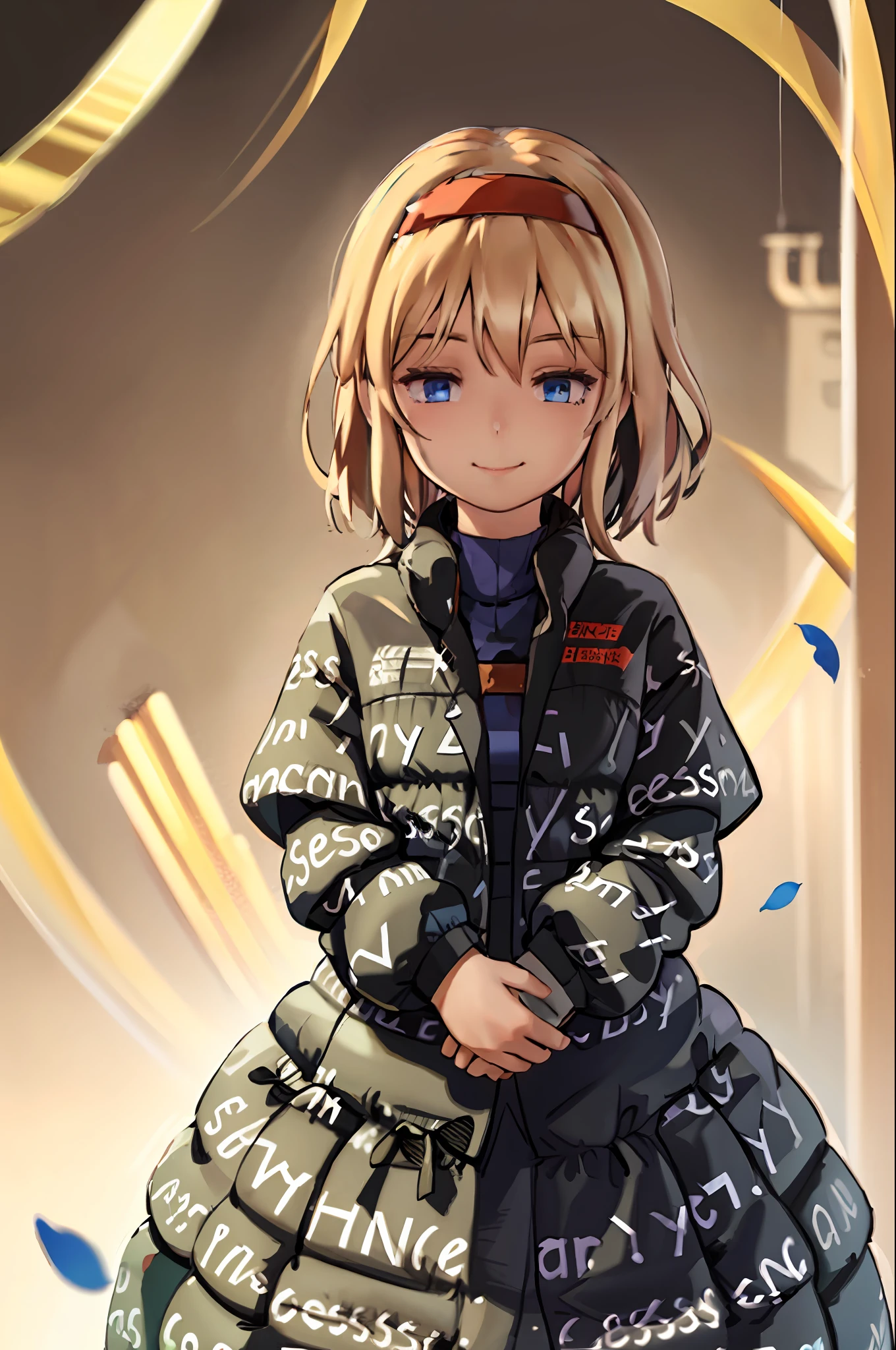 masterpiece, best quality, doll,blonde hair, hairband,(shanghai doll:1,alice margatroid, blue eyes, capelet, 1girl, petals, smile, dress, solo, sash, bow, hair bow, short hair, long hair, blue dress,grey background,
dripjacket
own hands together