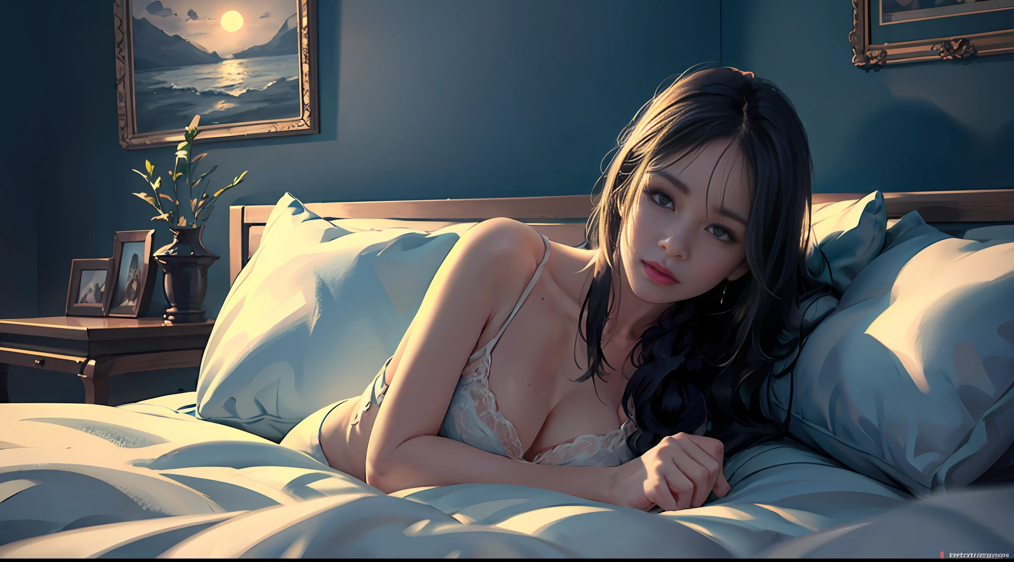 melhor qualidade, Masterpiece, (fotorrealista:1. 4), 1Menina, closed lips, usando um vestido de dormir de cetim branco, melhor qualidade, Masterpiece, ultra high-resolution, (fotorrealista:1. 4), detalhes intrincados, (Olhando para o Viewer:1. 4), corpo inteiro, dim lighting, Interior, deitado na cama, quarto, noite