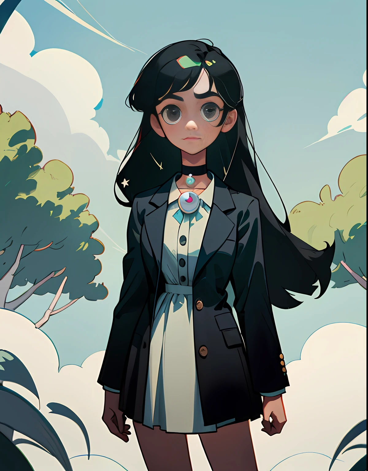 （The Masterpiece，High quality），a  girl,, European and American cartoons, black color hair, Long straight hair，puled up dress，Short black blazer，Pearl buttons，pearl choker，Single person，Round face，A clear sky，blue sky with white clouds，green trees，Low saturation