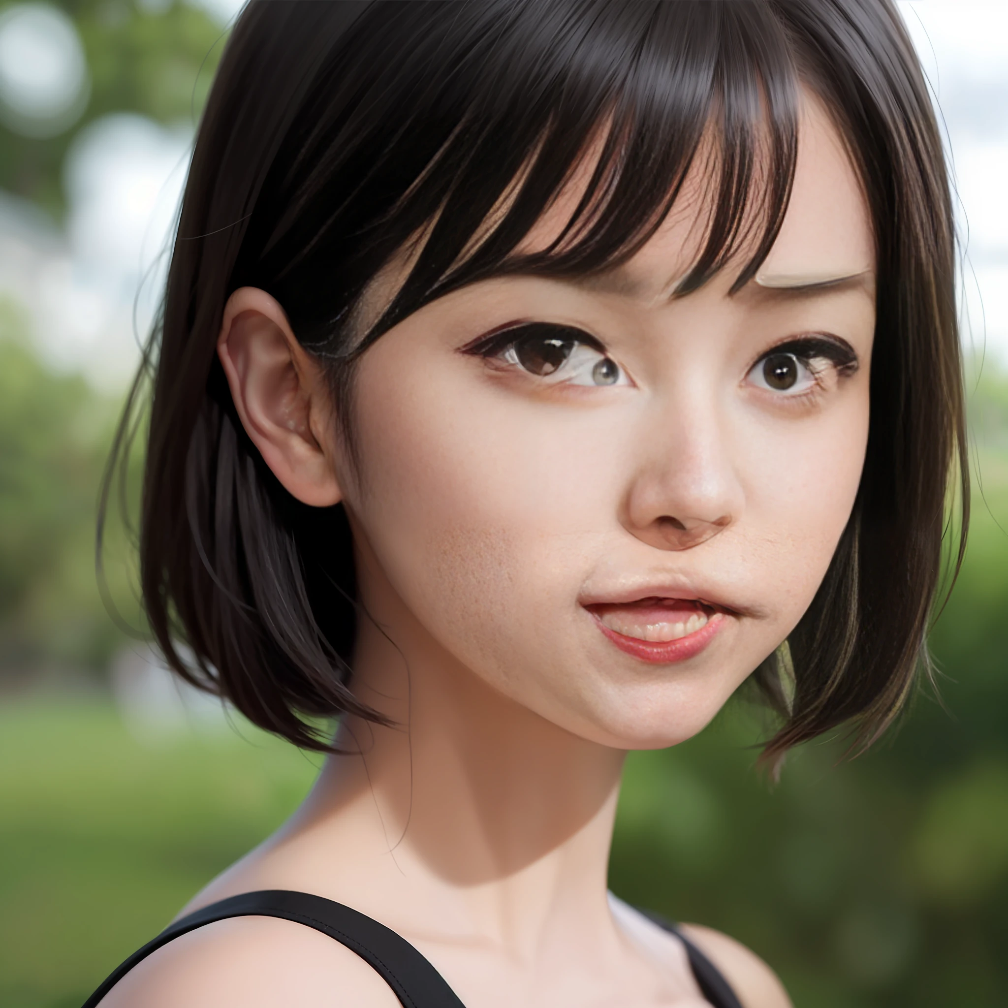 there is a woman with a black top and a black top, cute natural anime face, with short hair, beautiful japanese girls face, girl cute-fine-face, portrait of a japanese teen, Stunning anime face portrait, close up of a young anime girl, anime girl in real life, portrait cute-fine-face, japanese  features