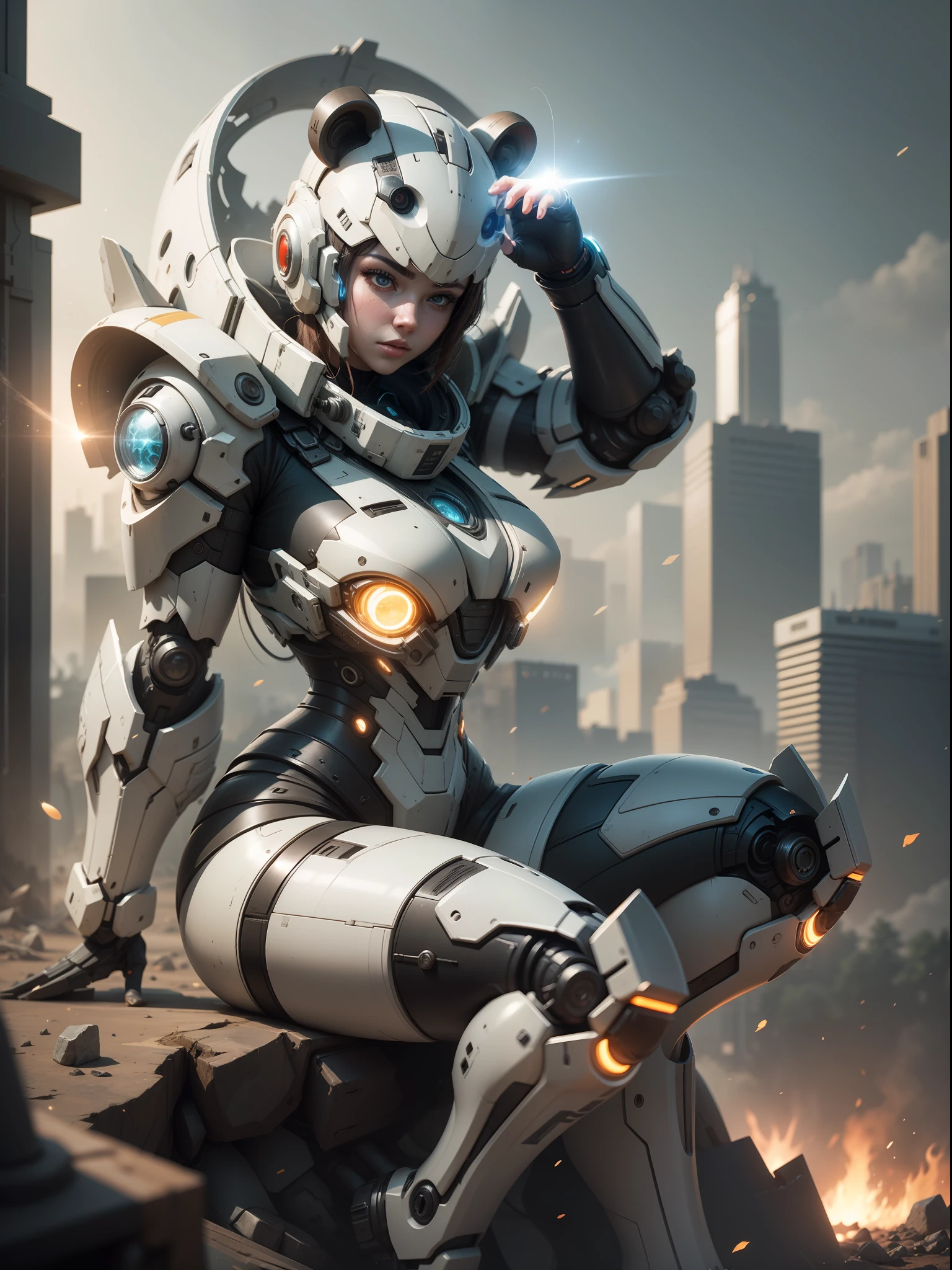 (((The girl sits on the shoulders of a huge panda mech))),((Girl close-up strengthened)),(((ultra fine))),Shoot at 8K resolution,Gasoline liquid,,Lithography in intricate details,dongh(Light particles:1.2),(game concept:1.3),(deep of field:1.3),Global illumination,well detailed,Trends on ArtStation,Epic shooting,Cinematic lighting
