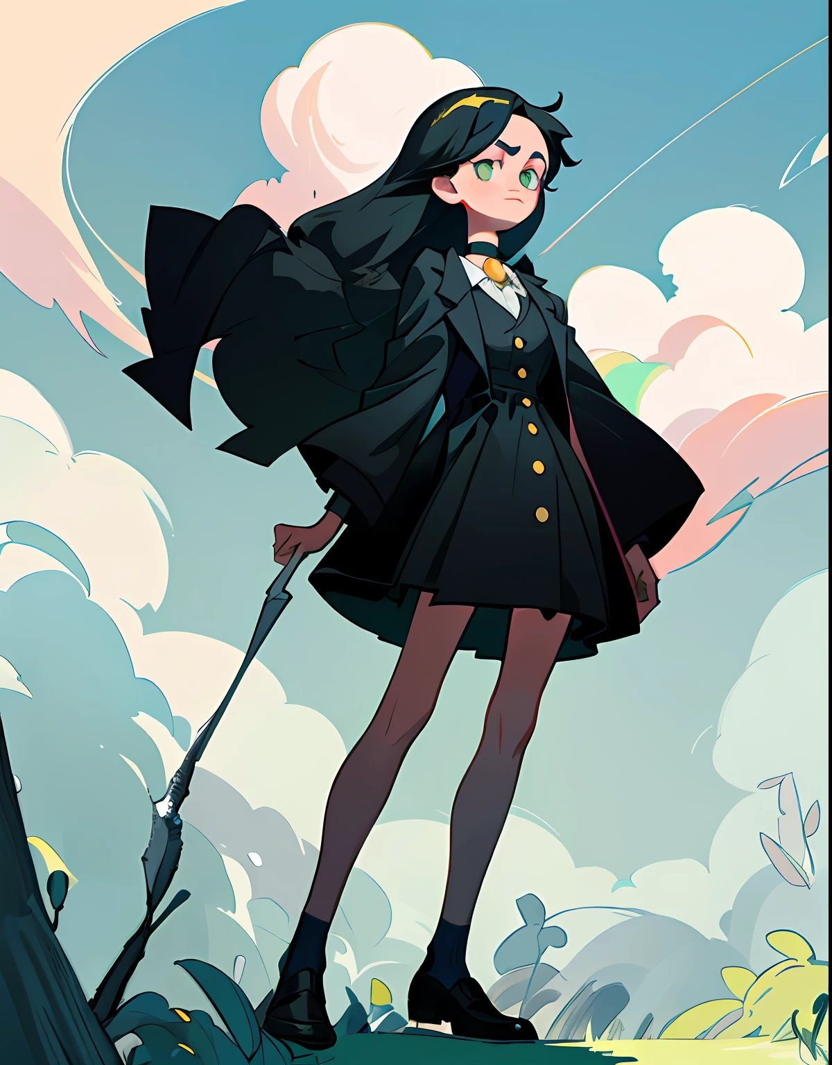 （The Masterpiece，High quality），a  girl,, European and American cartoons, black color hair, Long straight hair，puled up dress，Short black blazer，Pearl buttons，pearl choker，Single person，Round face，A clear sky，blue sky with white clouds，green trees，Low saturation