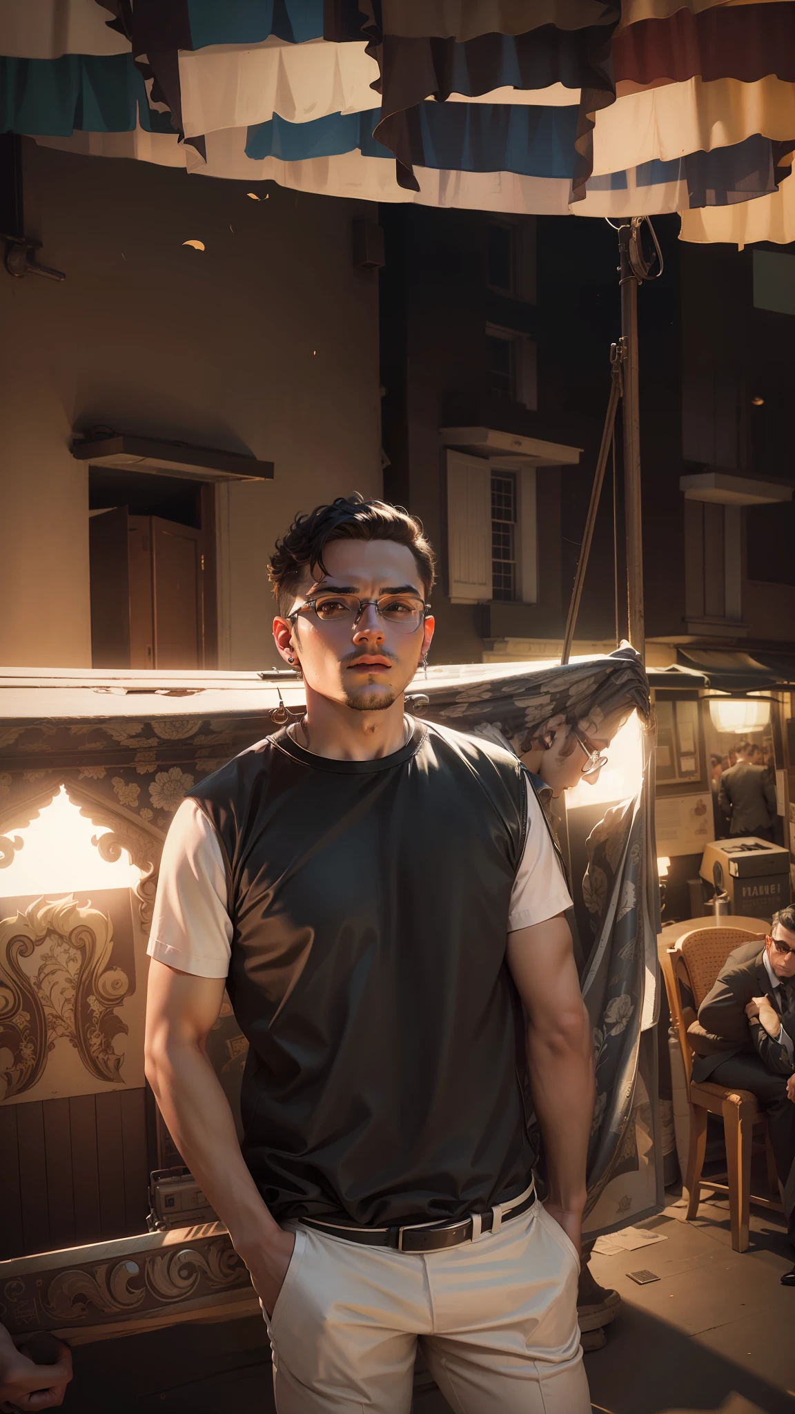 masterpiece,best quality,(1man:1.3), 25 years old,short hair,colored tips,curly hair,colored glasses,earings,gun,tie,topless,corset,mafia style,handcuffs,wrap coat,street,from above,(dutch angle, fisheye),lens flare,depth of field