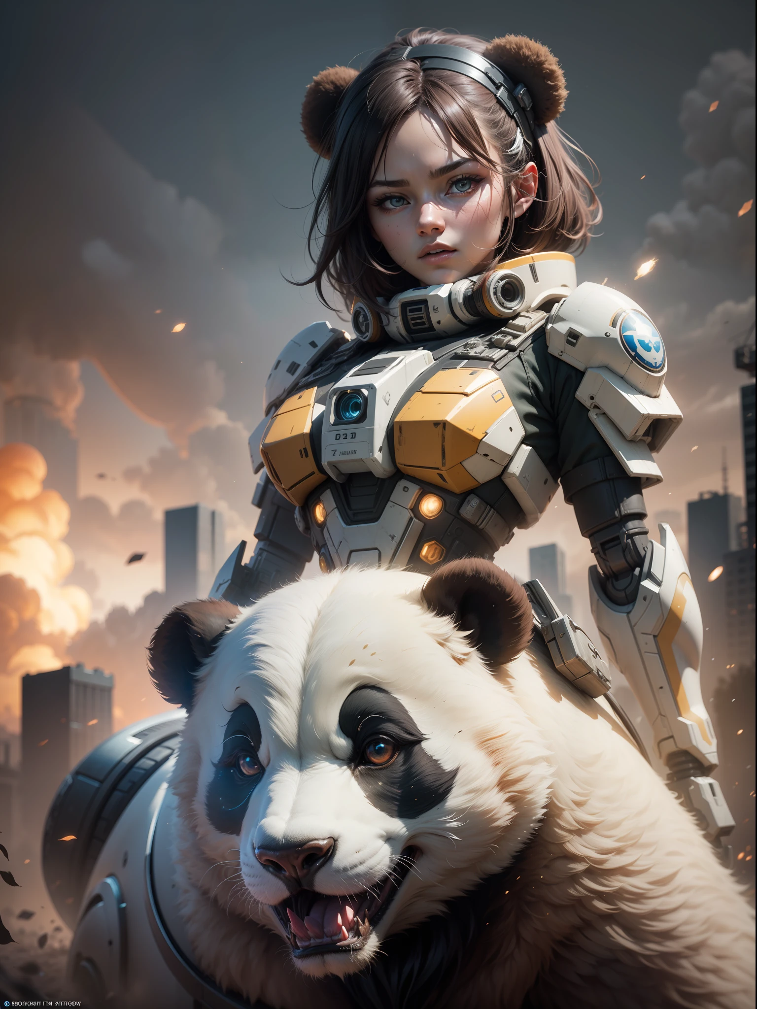 (((The girl sits on the shoulders of a huge panda mech))),((Girl close-up strengthened)),(((ultra fine))),Shoot at 8K resolution,Gasoline liquid,,Lithography in intricate details,dongh(Light particles:1.2),(game concept:1.3),(deep of field:1.3),Global illumination,well detailed,Trends on ArtStation,Epic shooting,Cinematic lighting