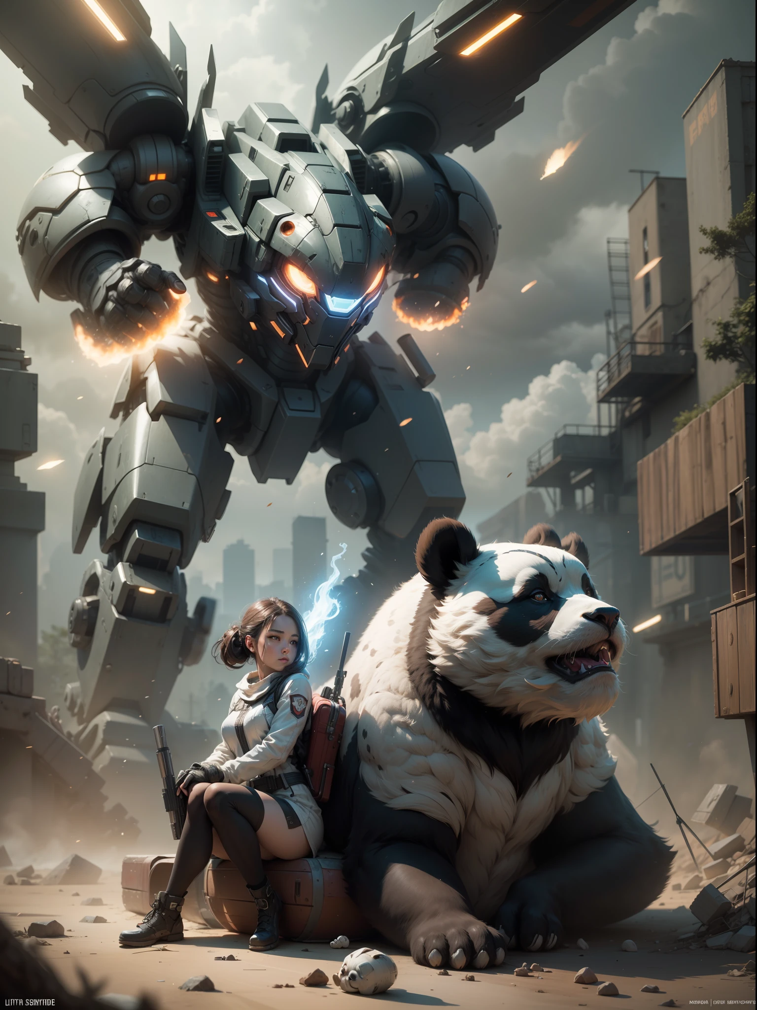 （（（The girl sits on the shoulders of a huge panda mech））），（（Girl close-up strengthened）），（（（ultra fine））），Shoot at 8K resolution，Gasoline liquid，，Lithography in intricate details，dongh（Light particles：1.2），（game concept：1.3），（deep of field:1.3)，Global illumination，well detailed，Trends on ArtStation，Epic shooting，Cinematic lighting