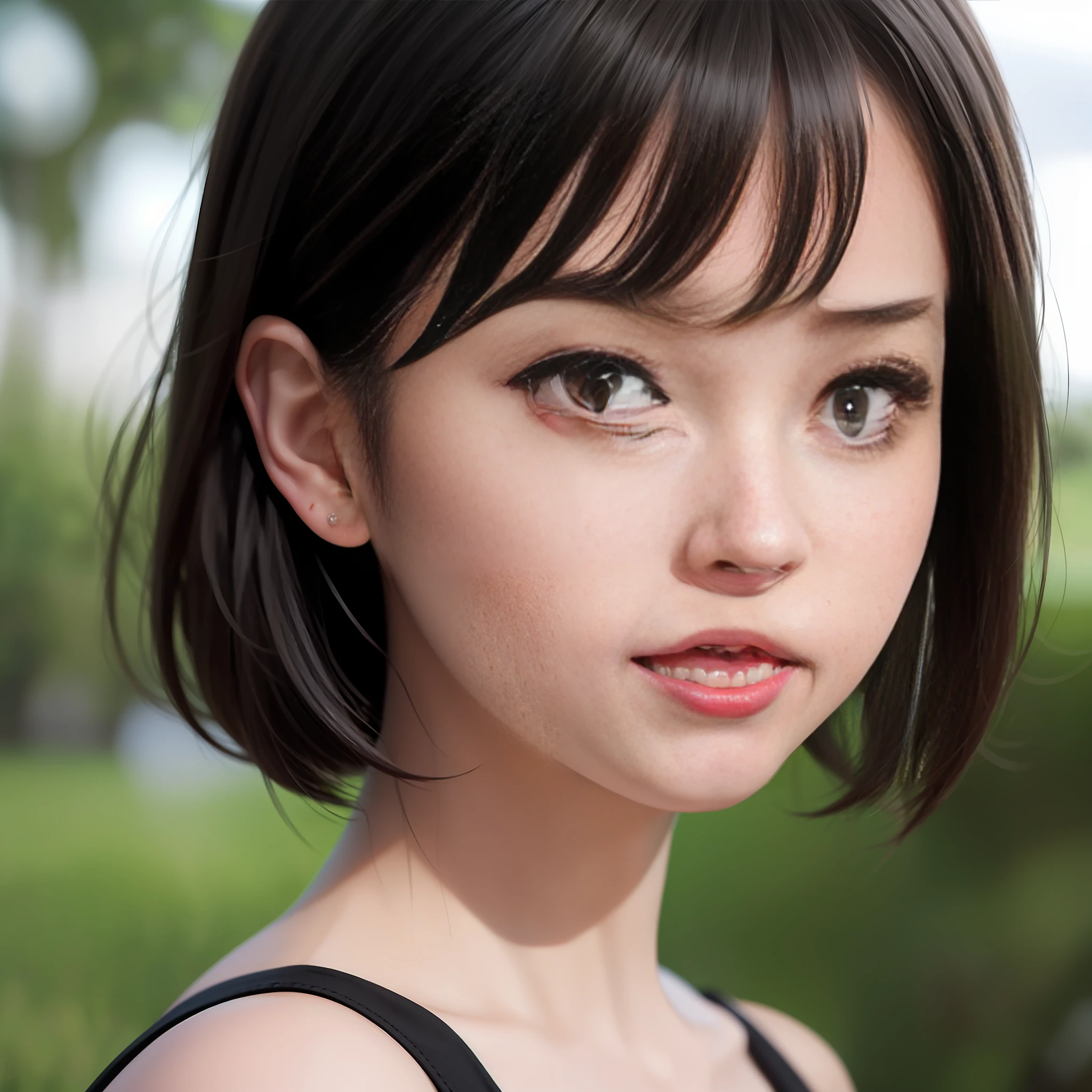 there is a woman with a black top and a black top, cute natural anime face, with short hair, beautiful japanese girls face, girl cute-fine-face, portrait of a japanese teen, Stunning anime face portrait, close up of a young anime girl, anime girl in real life, portrait cute-fine-face, japanese facial features