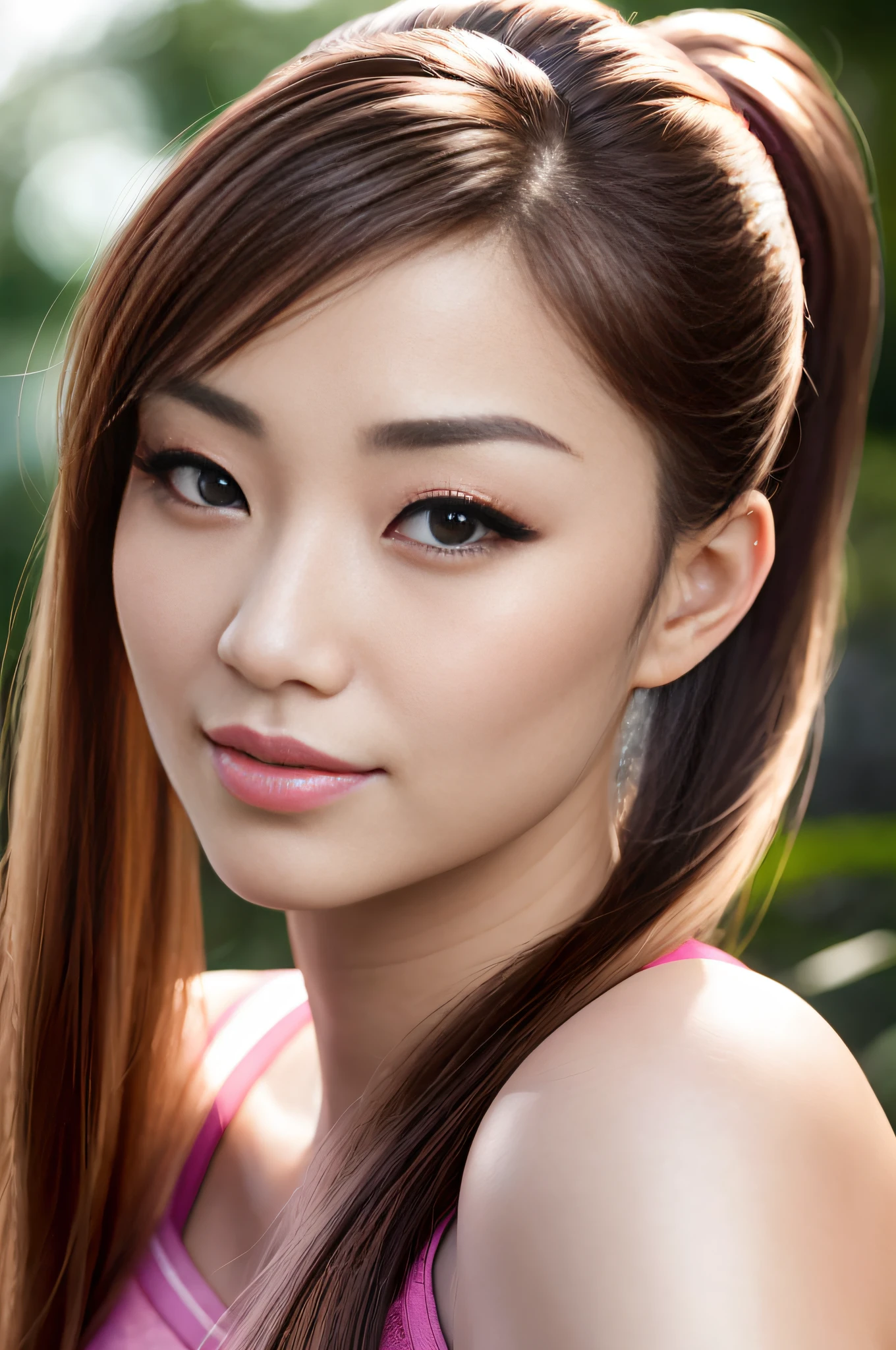 Arafed Asian woman, Ming-Na Wen, com cabelo castanho longo e top rosa, rosto bonito fotorrealista, photorealistic anime girl render, rosto bonito realista, detailed face of a asian girl, pintura digital realista, pintura digital fotorrealista, asian beautiful face, pintura digital brilhante, lindo pintura digital, estilo de arte fotorrealista, realistic digital illustration, rosto bonito hiperrealista, 3 d anime realista
