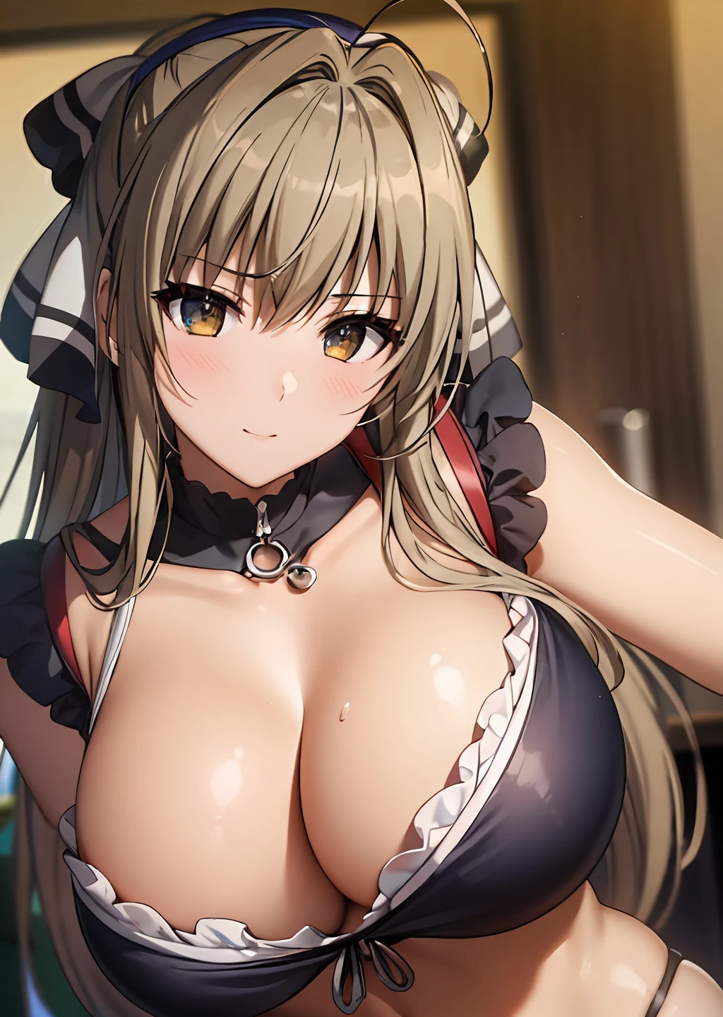 SeaArtBot Txt2Img 02:20:39 Task ID：44014568726597 Masterpiece、beste Quality、Sento Isuzu、Sento Isuzu、Hair ribbon、brown eyess、Antenna Hair、Giant tits、in 8K, beste Quality, ultra-highres, Depth Field , 1girls, , perfect glossy skin, flawless skin, Fair skin, gigantic breastss,  Narrow waist, thin blush、 looking at the viewers, Light Smile,sweats、Blur background、KyoAni、Kyoani style、cowboy-shots、Random angles