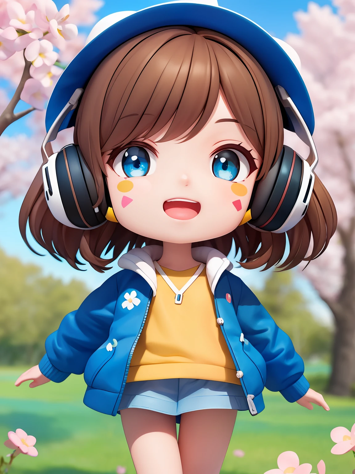 (masterpiece), (best quality), (ultra-detailed), (full body: 1.2), 1girl, chibi, cute, smile, open mouth, flower, outdoor, jacket, blush, tree, : 3, shirt, short hair, cherry blossoms, green headwear, blurry, brown hair, blus stickers, long sleeves, bangs, headphones, brown hair, pink flower, (beautiful detailed face), (beautiful blue and detailed eyes),