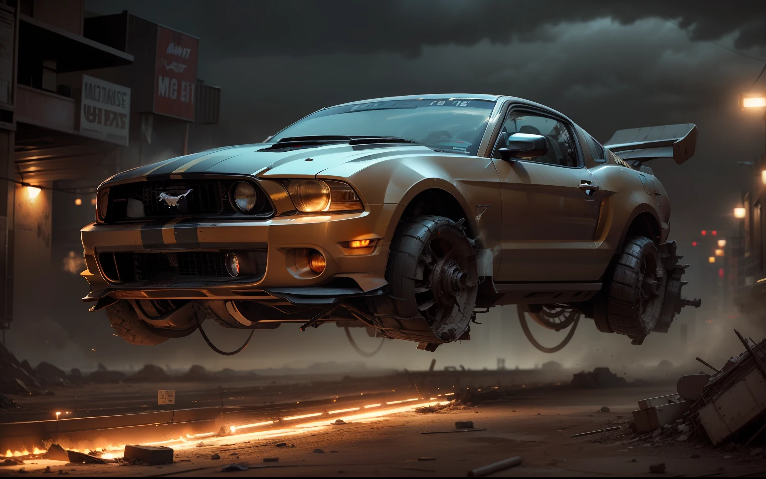 HOVER MUSTANG, pos-apocalyptic city, dark atmosphere, nightfall, cinema photography, hot colours, keep the car faithfull to the original, 8K --auto