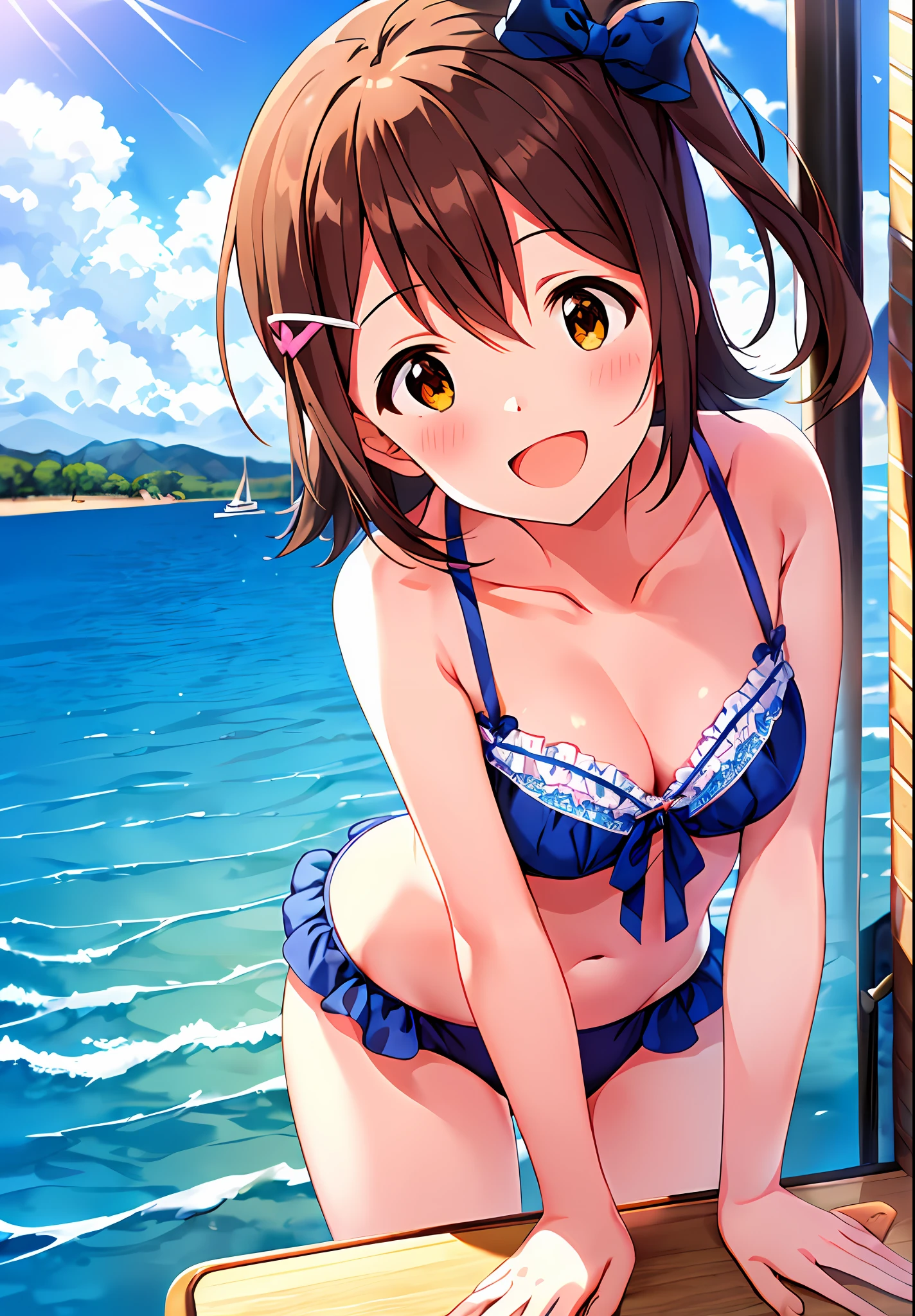 mirai kasuga (million live), (best quality, 8K, masterpiece, ultra detailed:1.2), sea, day, dappled sunlight, blue sky, beautiful clouds, gradient sky, boat, skyline, 1girl, solo, smile, open mouth, v, looking at viewer,  :d, blush, collarbone, blue bow, (star hairclip), bra, panties