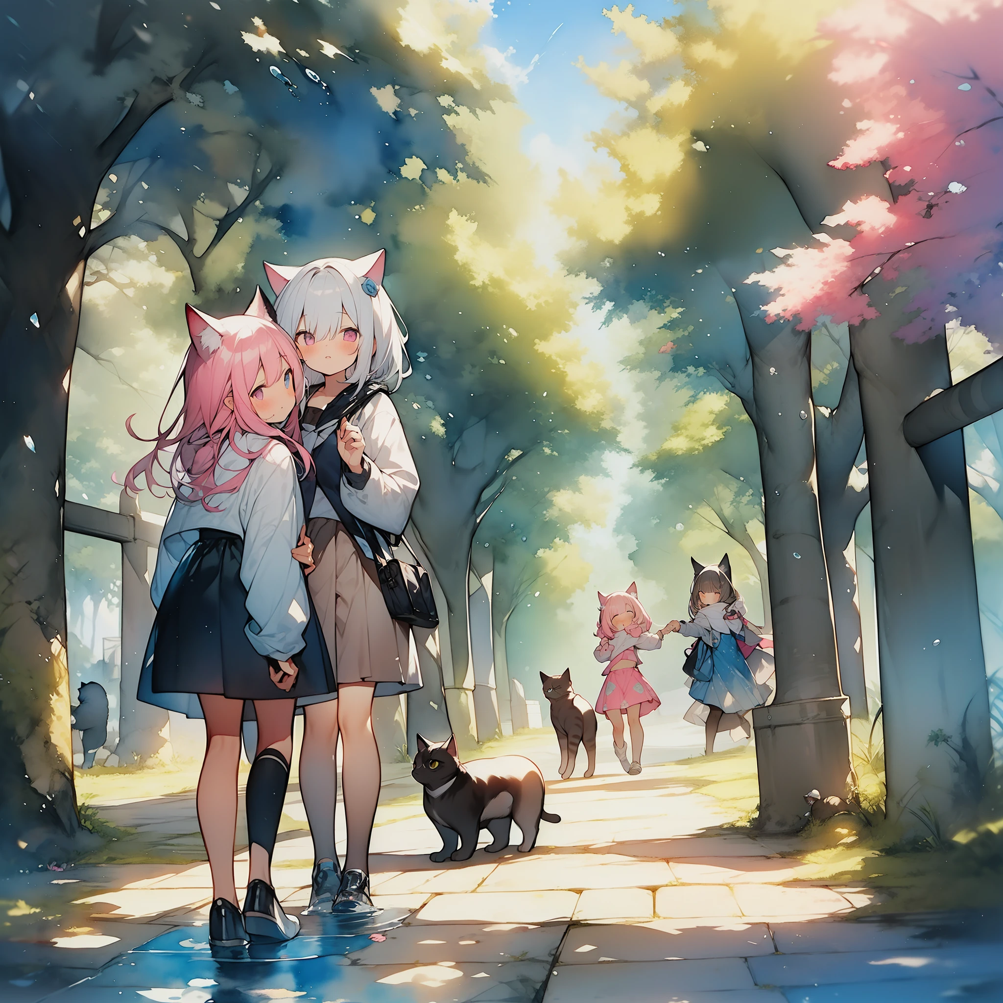 (watercolors:1.2),pink-haired,cat ear,1girls,iridescence,Small skirt,full - body,Character design